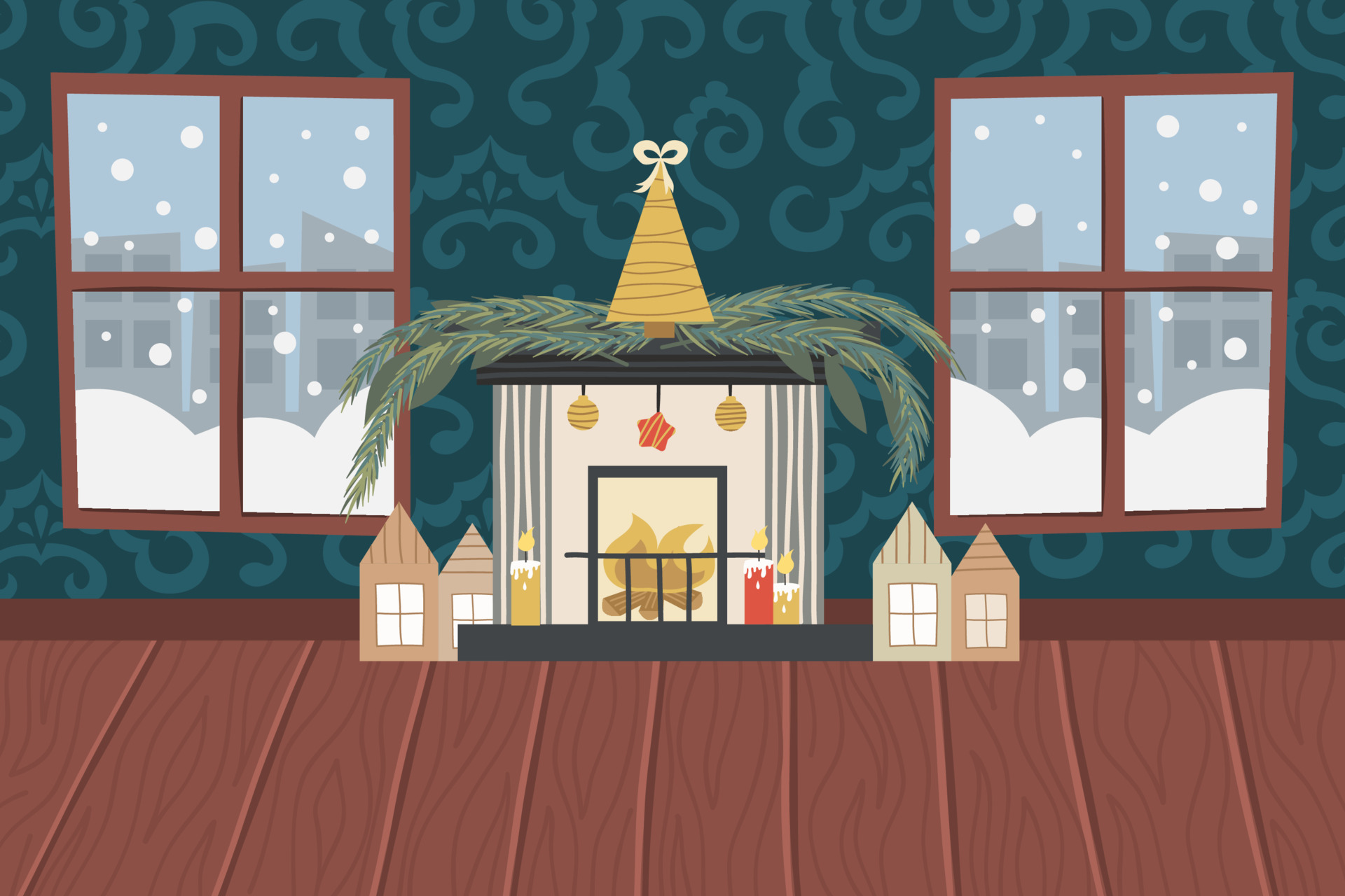 Christmas living room with fireplace, wooden floor, patterned wallpaper and snowy windows.Fireplace with a golden Christmas tree, candles and houses. Vector illustration for a festive interior