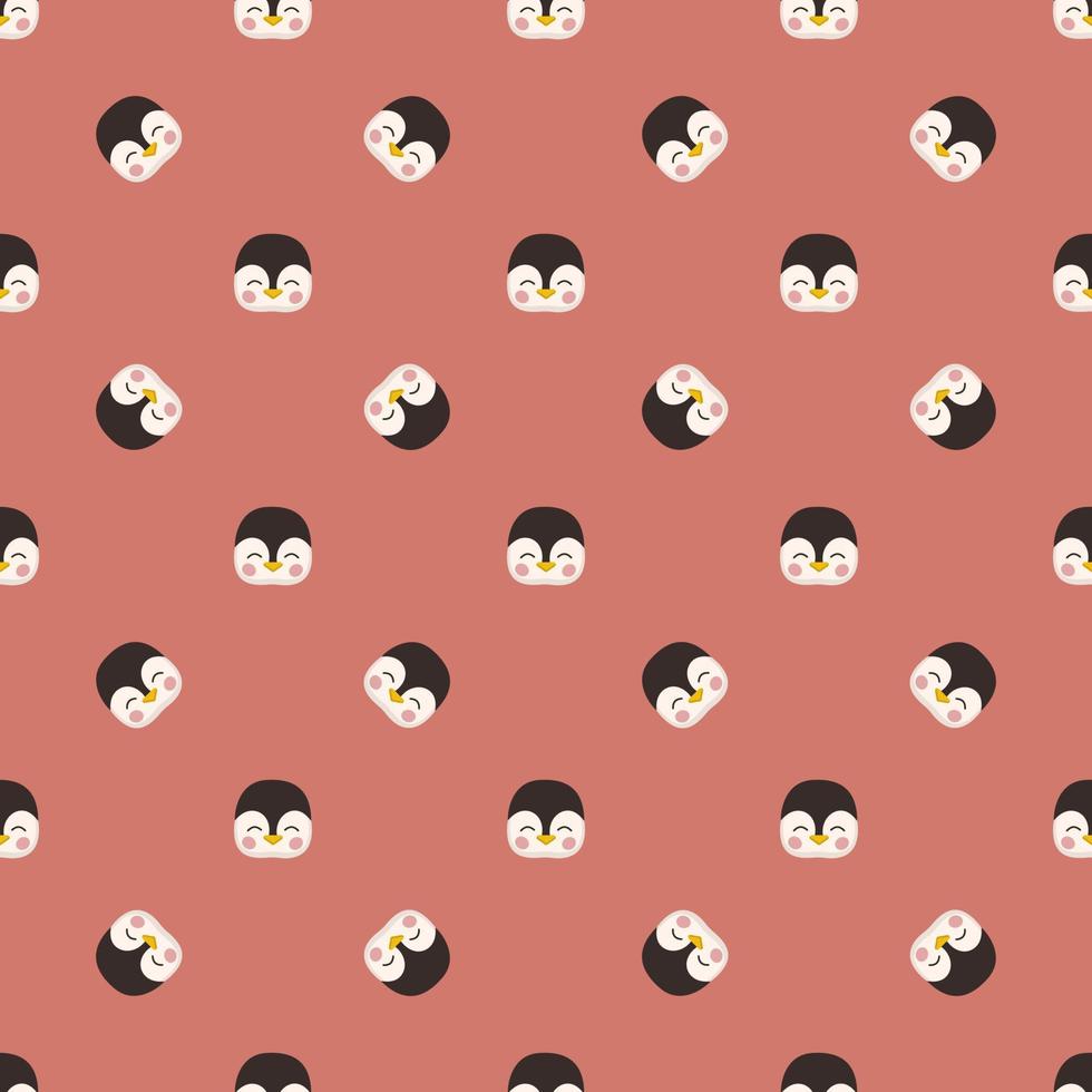 Seamless pattern with cute penguin in childish style with smile face and eyes on red background. Print of funny winter bird with happy face. Vector flat illustration for holidays Vector Art
