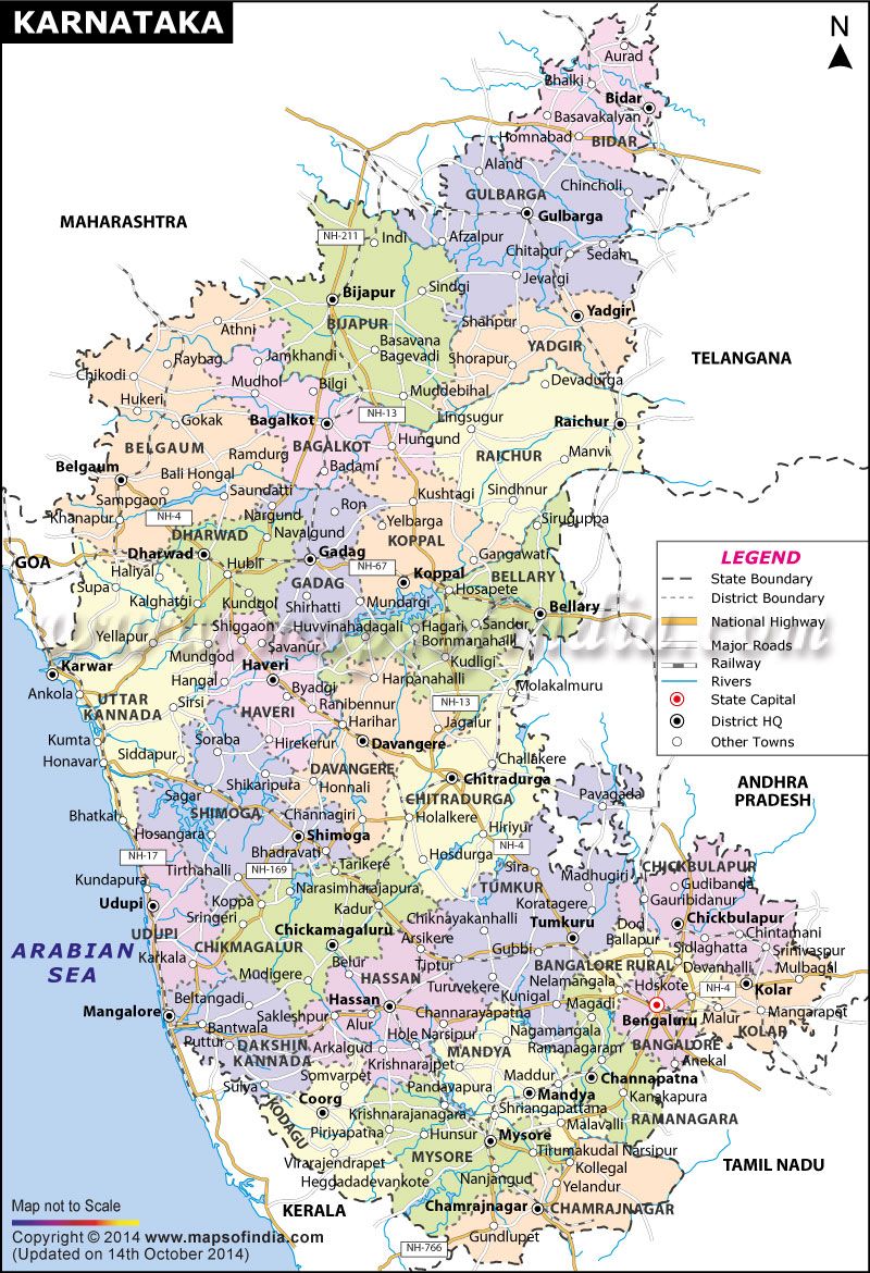 Map showing major roads, railways, rivers, national highways, etc in the state of #Karnataka. Indian history facts, India world map, Political map