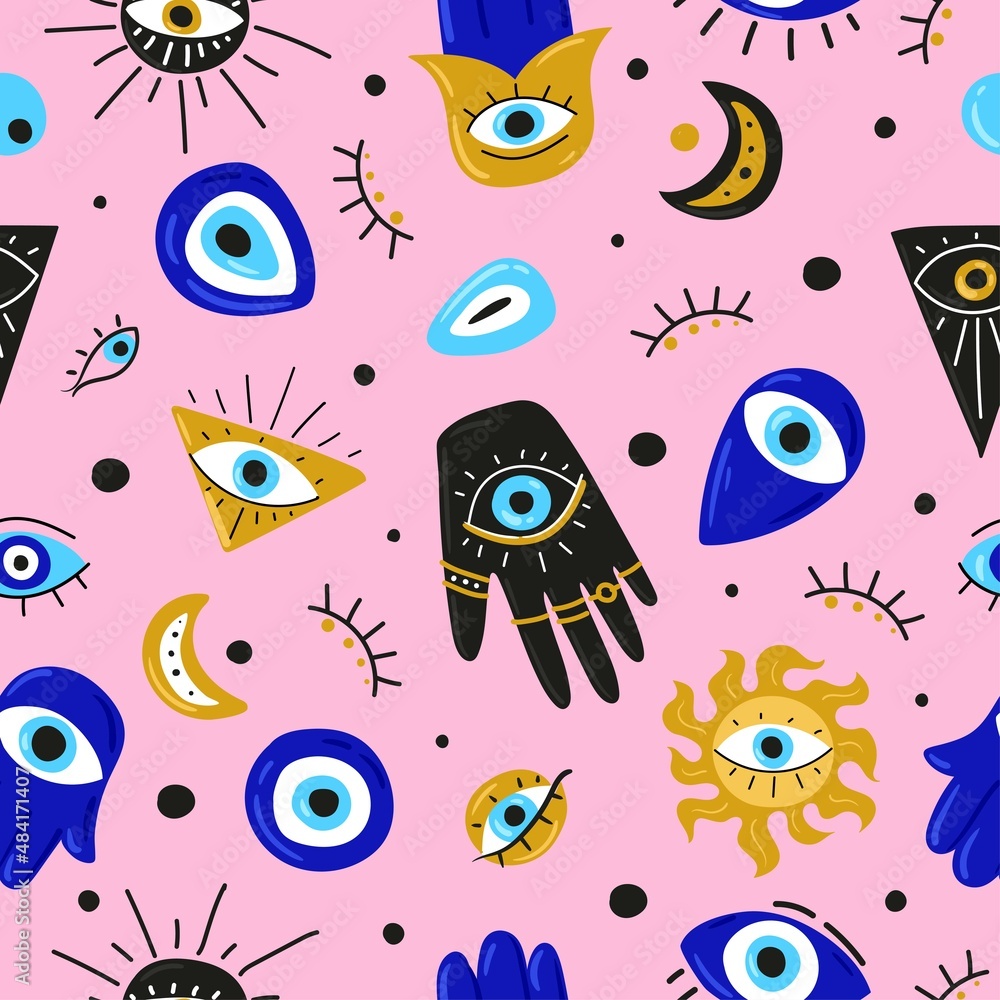 Seamless pattern with Cartoon Evil eyes. Blue Evil eye, Hamsa, Hand of Fatima, Eye of Providence. Vector illustrations of amulets for print, fabric, wallpaper, clothing, wrapping paper. Stock Vector