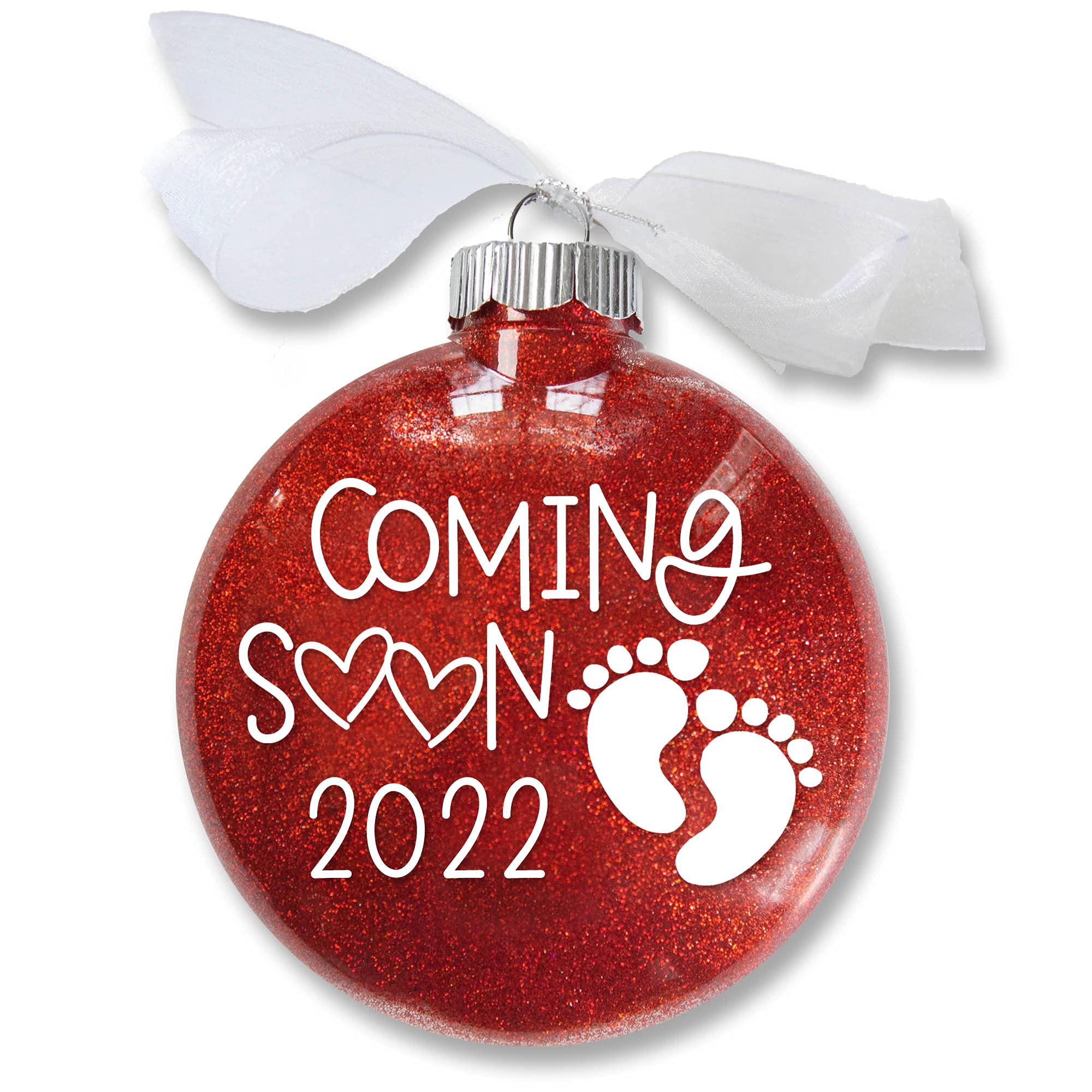 Expecting Baby Christmas Ornament, Pregnancy Announcement, Coming Soon, Handmade Red Glitter Bauble with White Organza Ribbon Bow, Health & Household