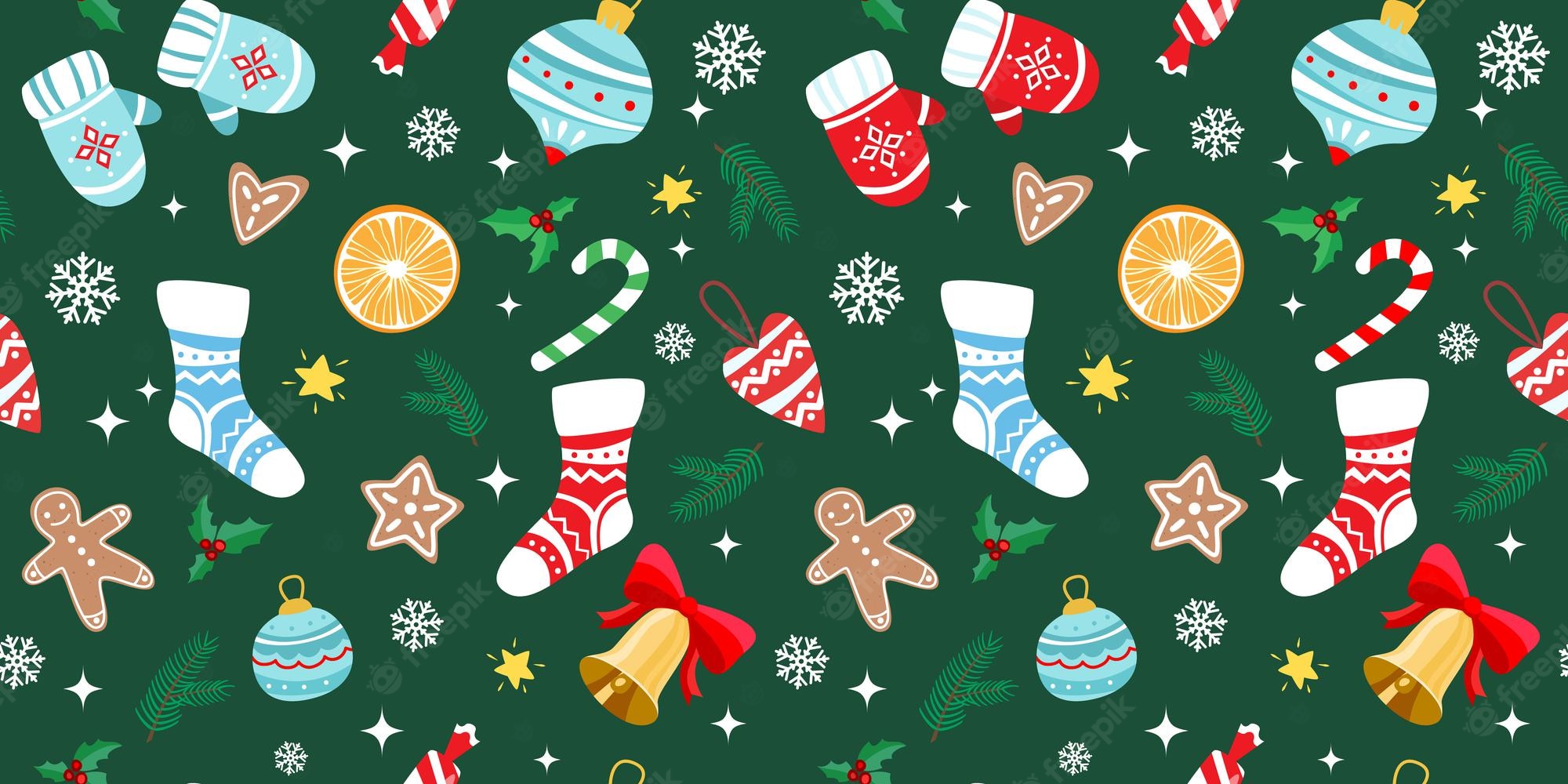 Premium Vector. Christmas seamless pattern with festive elements on green background