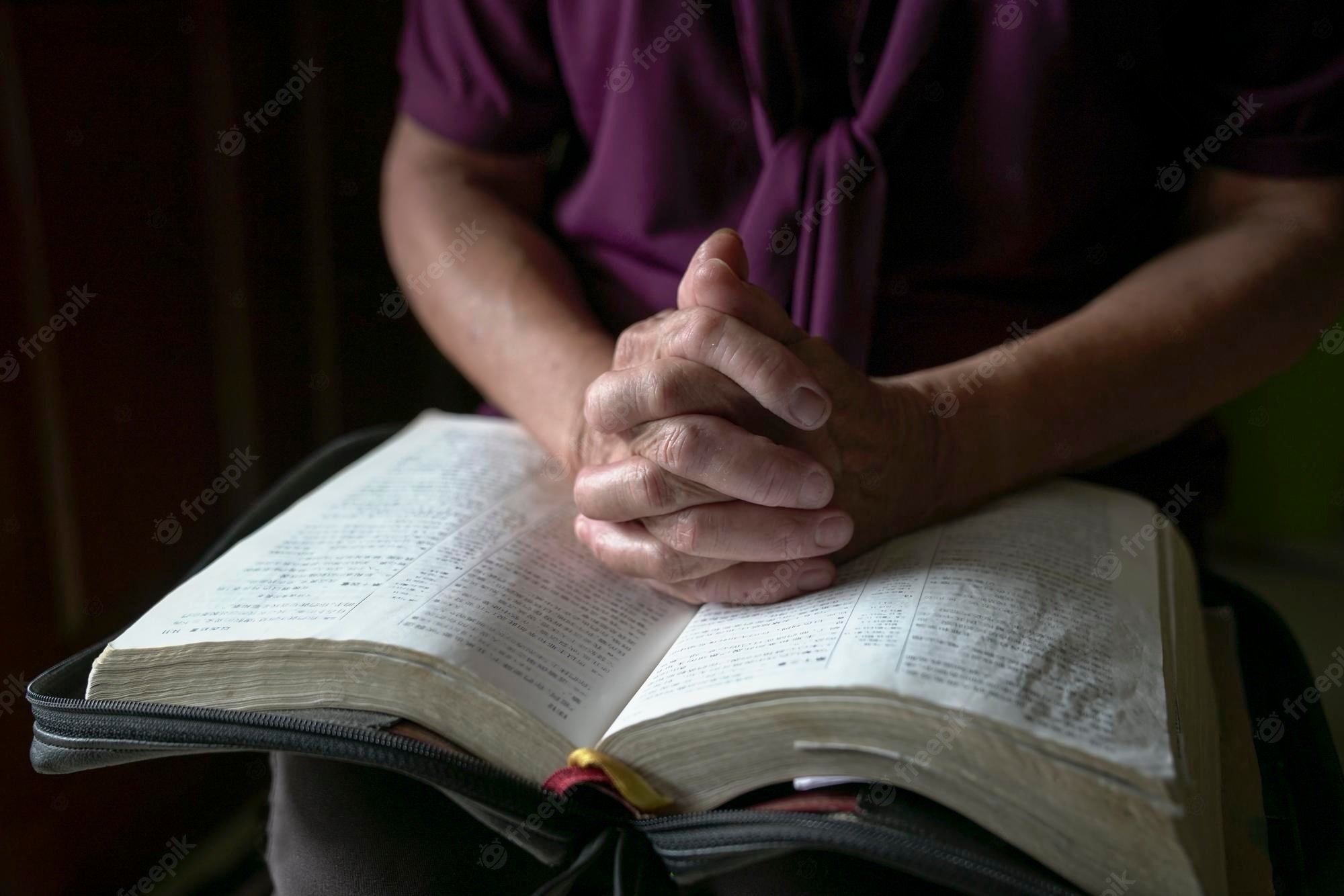 Premium Photo. Senior woman hands on open bible praying
