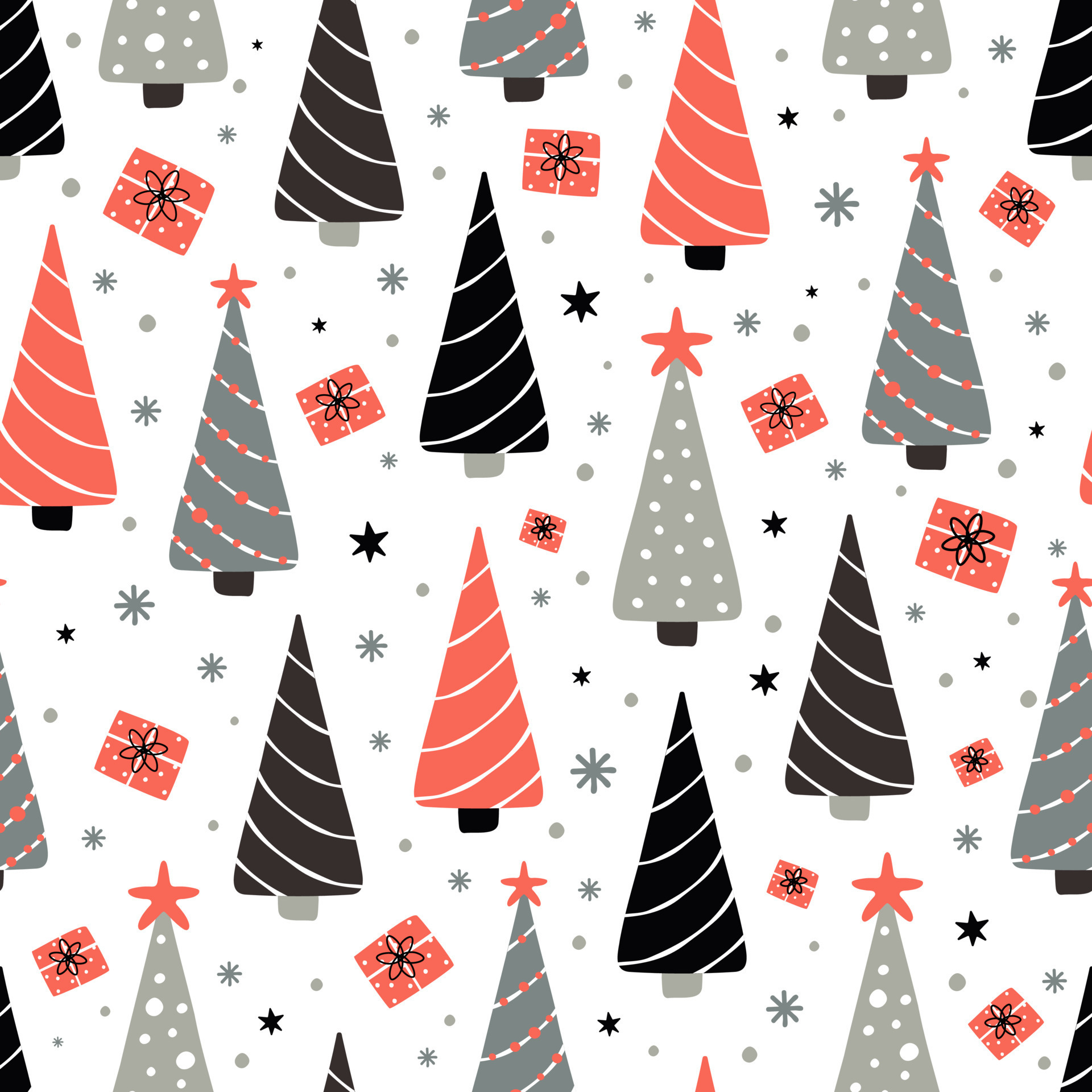 Christmas seamless pattern with spruce trees and snowflake dots on white background. Background for wallpaper, textiles, papers, gift boxes, fabrics, web pages. Vintage style