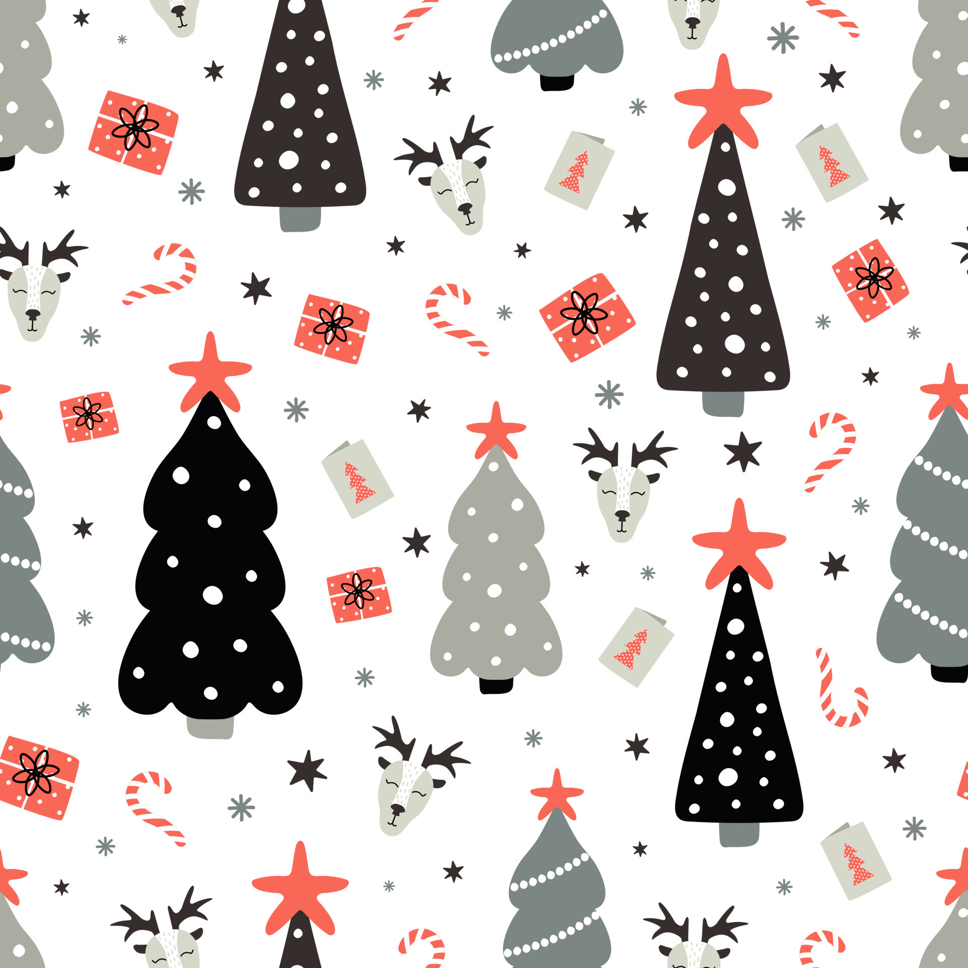 Christmas seamless pattern with spruce trees and snowflake dots on white background. Background for wallpaper, textiles, papers, gift boxes, fabrics, web pages. Vintage style