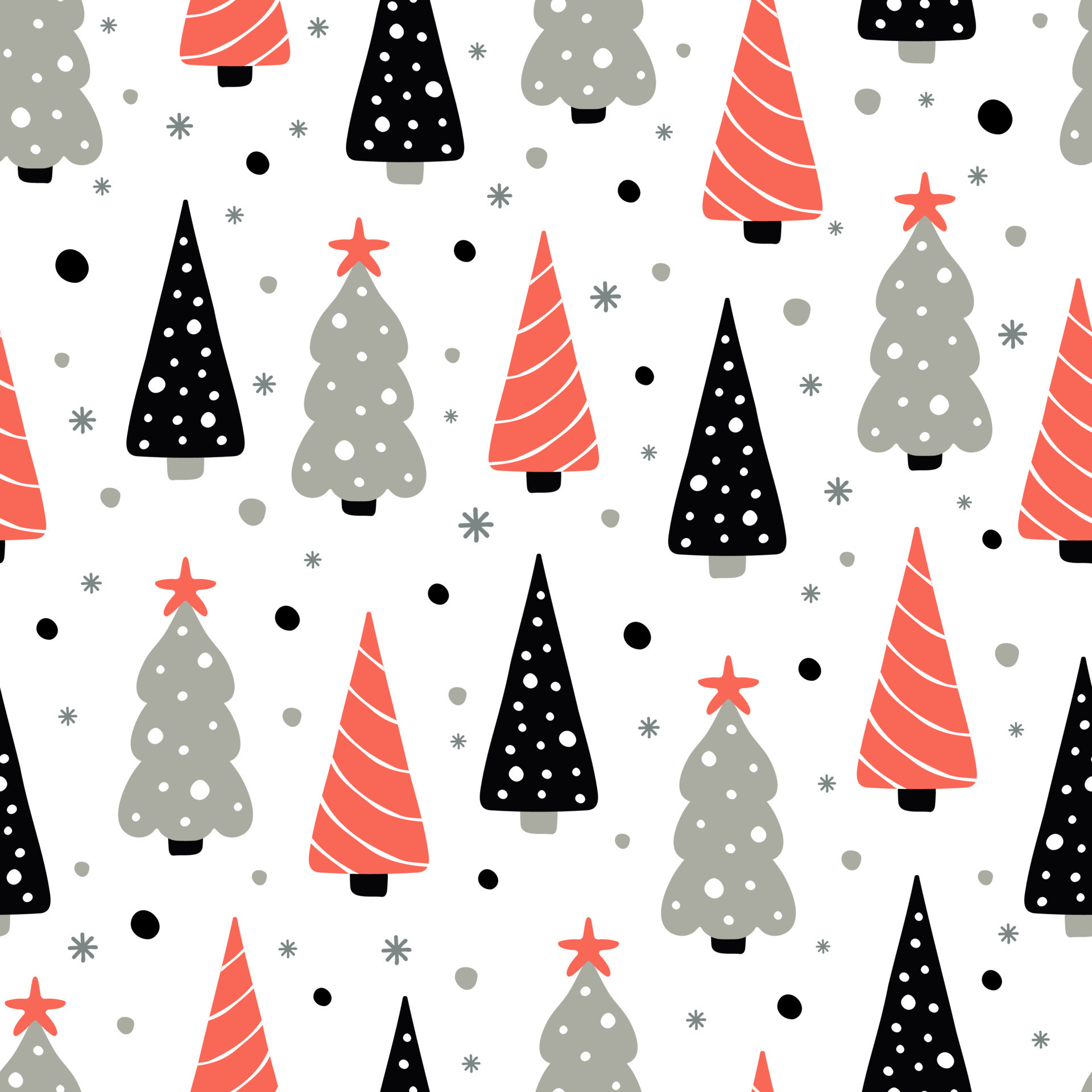 Christmas seamless pattern with spruce trees and snowflake dots on white background. Background for wallpaper, textiles, papers, gift boxes, fabrics, web pages. Vintage style