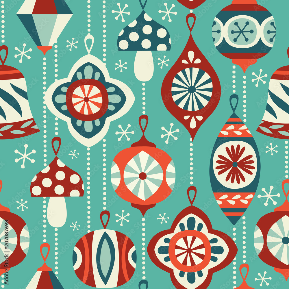 Vintage Christmas ornaments seamless vector background. Hand drawn repetitve pattern. Perfect for fabric, wallpaper or wrapping paper. Stock Vector