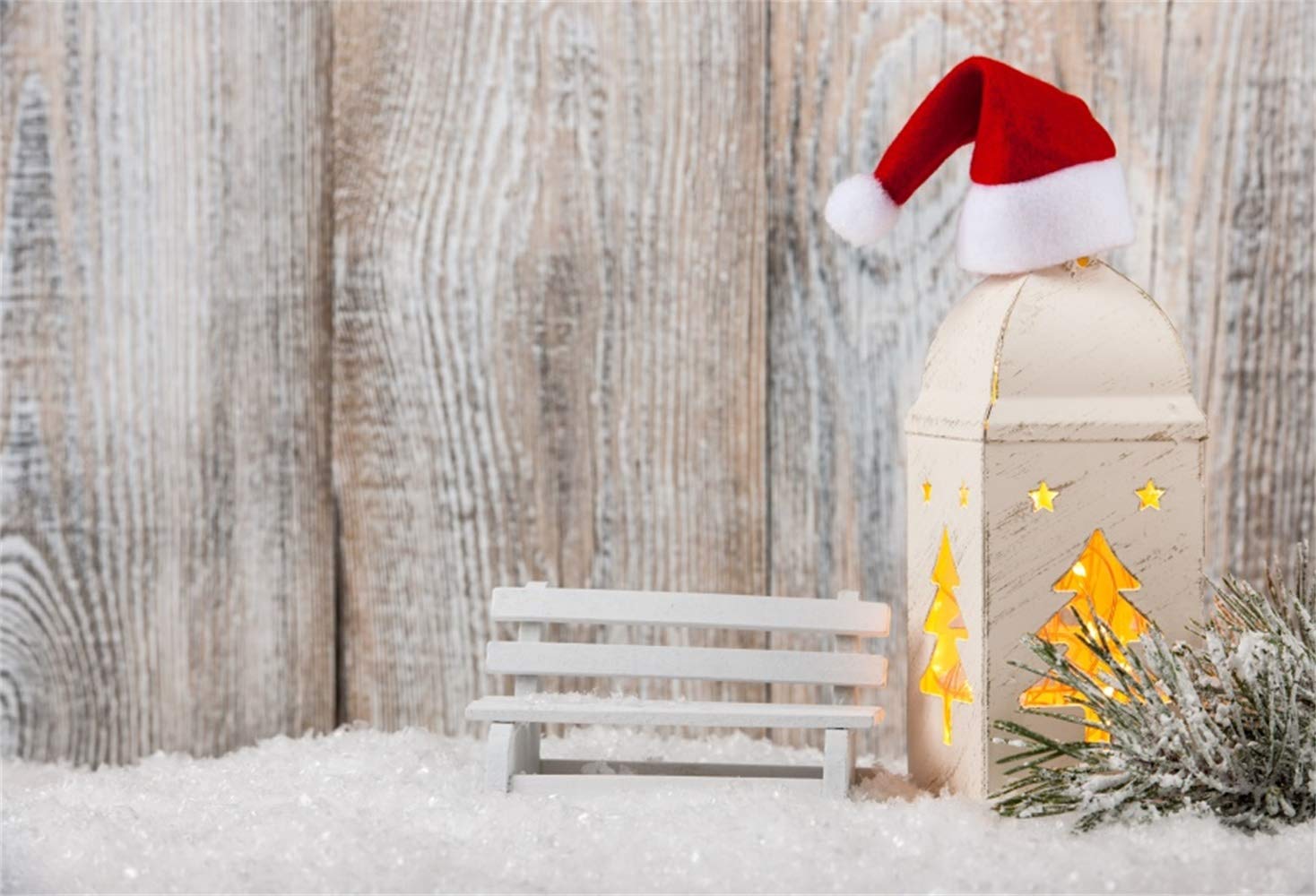 Amazon.com, Laeacco Christmas Theme Backdrop Vinyl 10x7ft Cute Mini White Bench Old Lantern with Xmas Cap Pine Snows Rustic Wooden Wall Background New Year Xmas Eve Party Banner Child Kids Baby