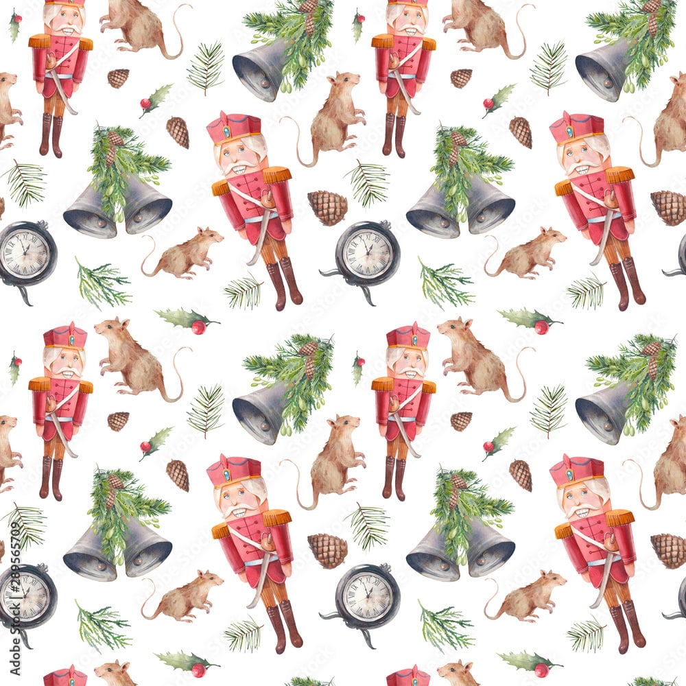 Watercolor Nutcracker and mouses seamless pattern. Christmas wallpaper in vintage style. Rat, wooden toy, fir, pinecone, bells, christmas tree on white background Stock Illustration