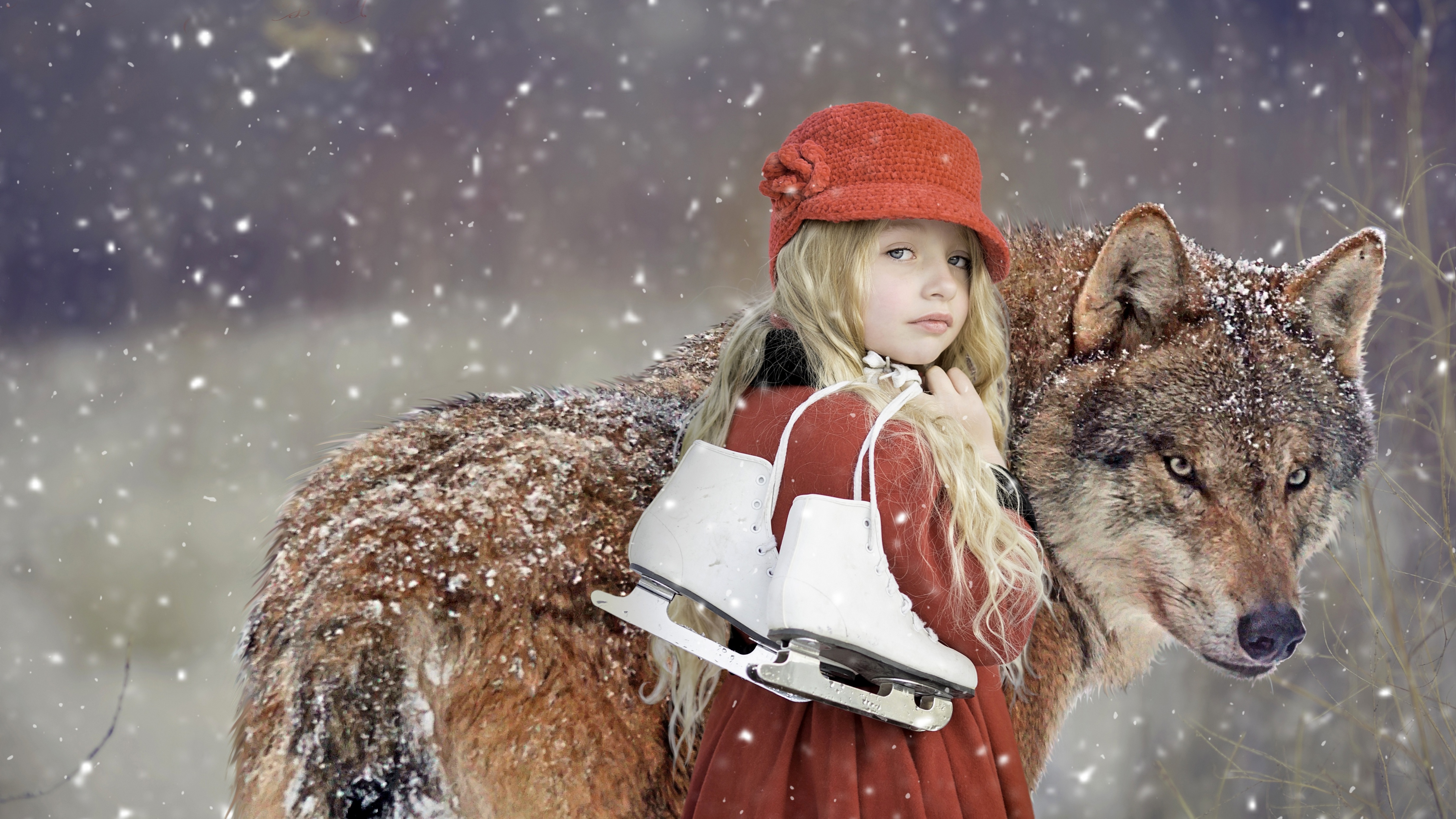 Cute Girl Wallpaper 4K, Wolf, Snowfall, Winter, Fantasy