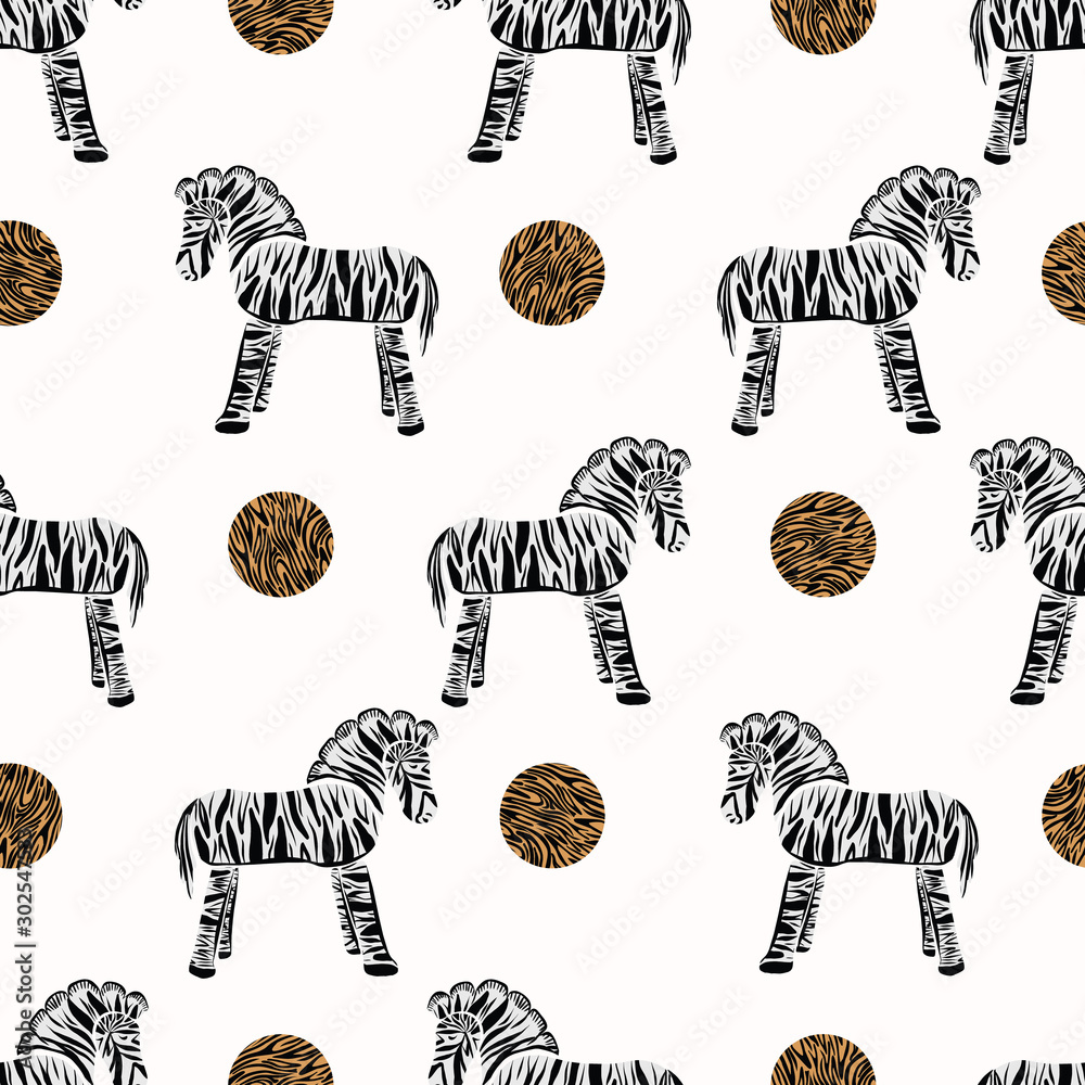 Adorable Vector Cartoon Zebra Seamless Pattern. Cute Safari Animal Background. Hand Drawn Kawaii Kid Motif Illustration Doodle in Flat Color. Great for Gender Neutral Kids Character, Wallpaper Decor Stock Vector