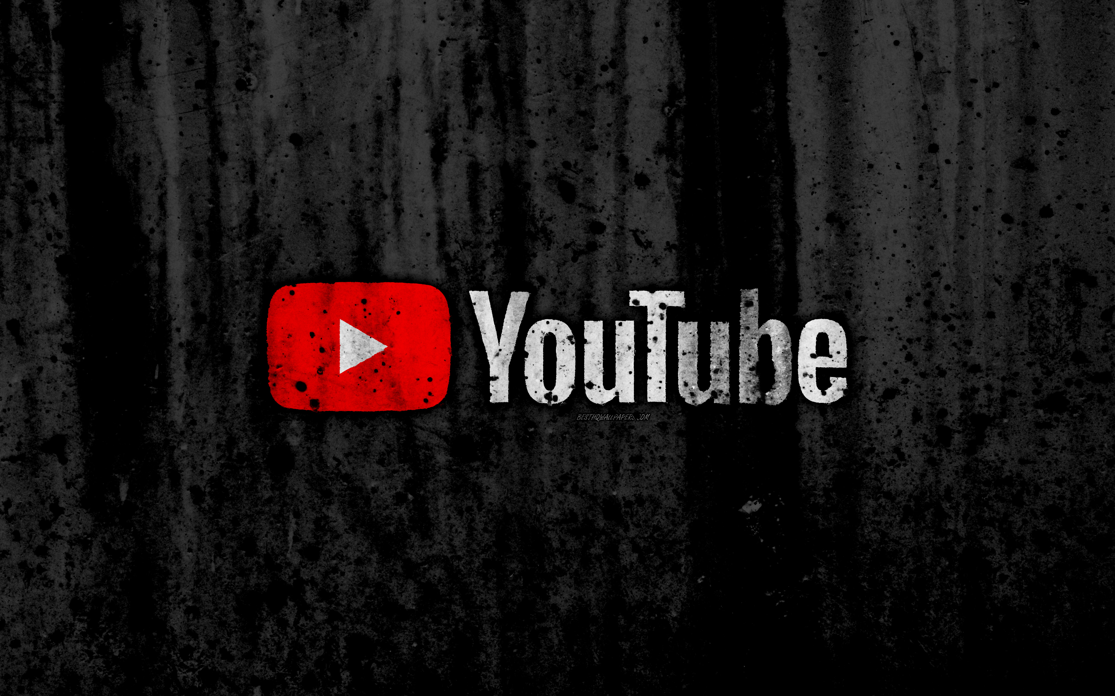 Download wallpaper YouTube, 4k, logo, grunge, black background, YouTube logo for desktop with resolution 3840x2400. High Quality HD picture wallpaper