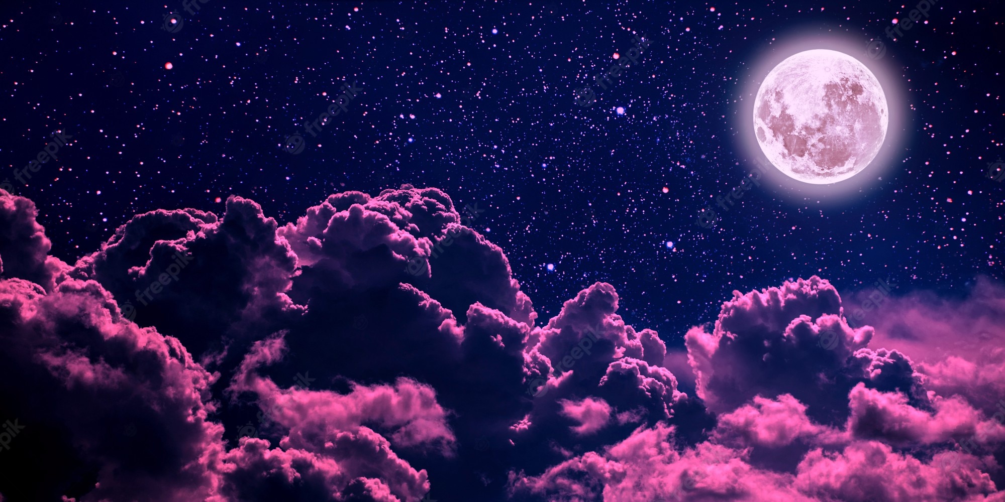 Premium Photo. Background night sky with stars and moon and clouds. plastic pink color. elements of this image furnished