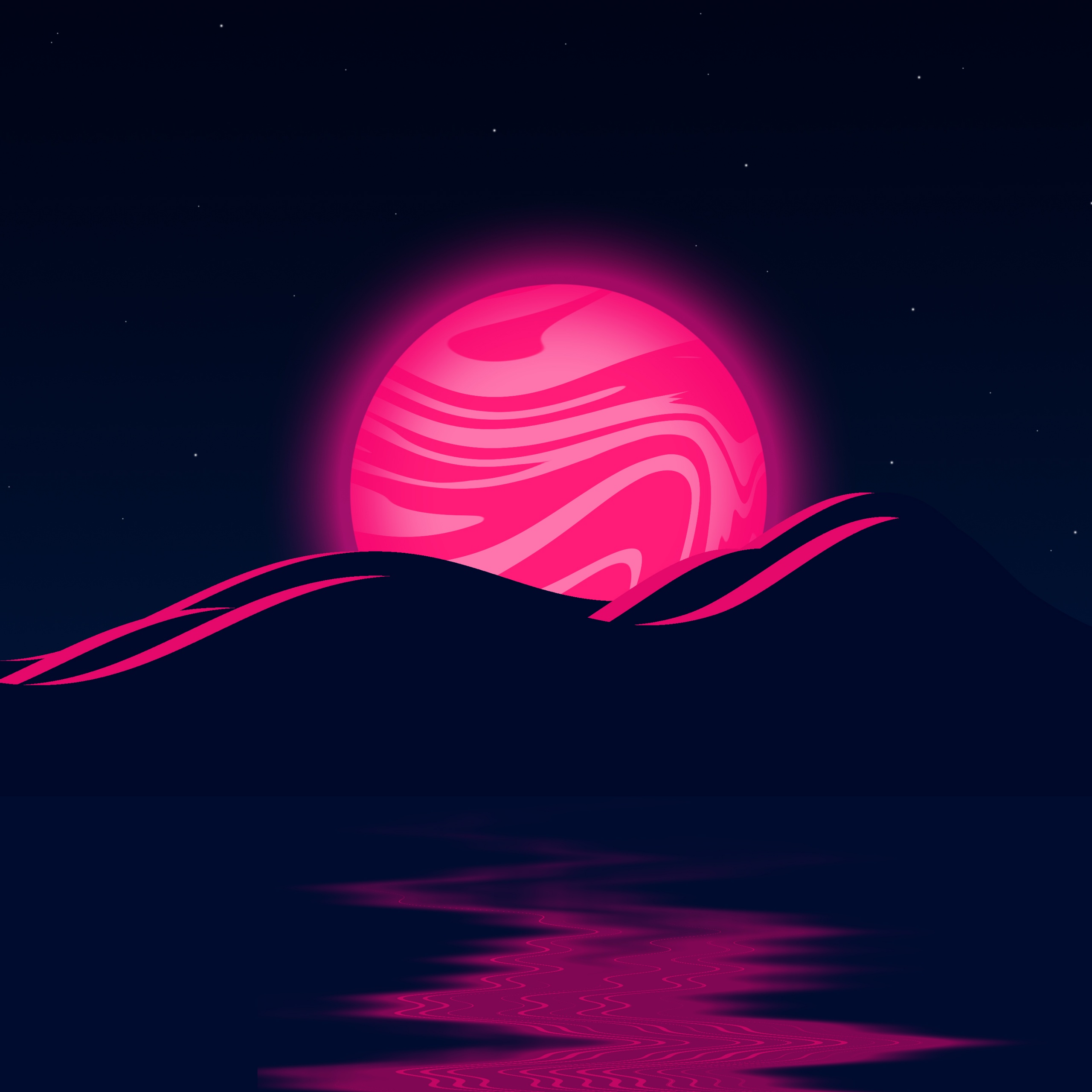 Pink Moon Wallpaper 4K, Mountains, Illustration, Nature