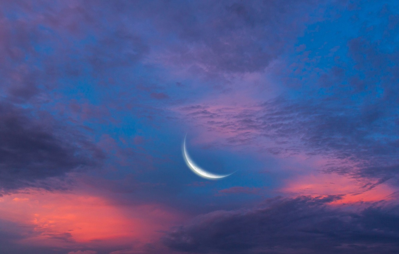 Wallpaper the sky, clouds, nature, background, pink, blue, widescreen, Wallpaper, the moon, a month, the evening, wallpaper, widescreen, background, full screen, HD wallpaper image for desktop, section природа