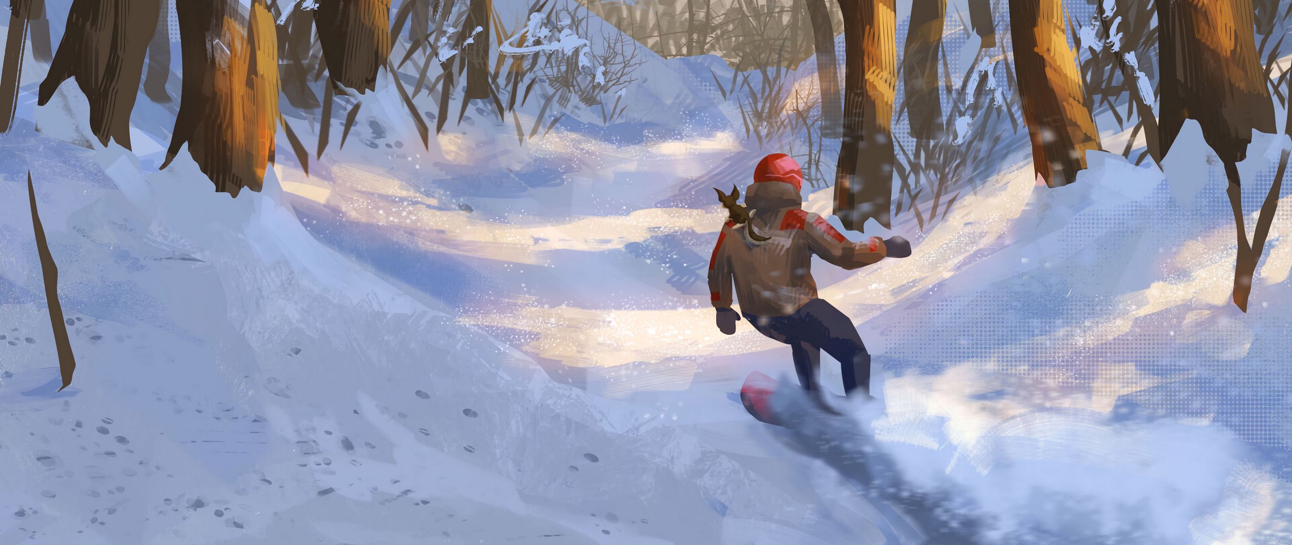 Download wallpaper 2560x1080 snowboarder, snowboard, forest, snow, winter, art dual wide 1080p HD background