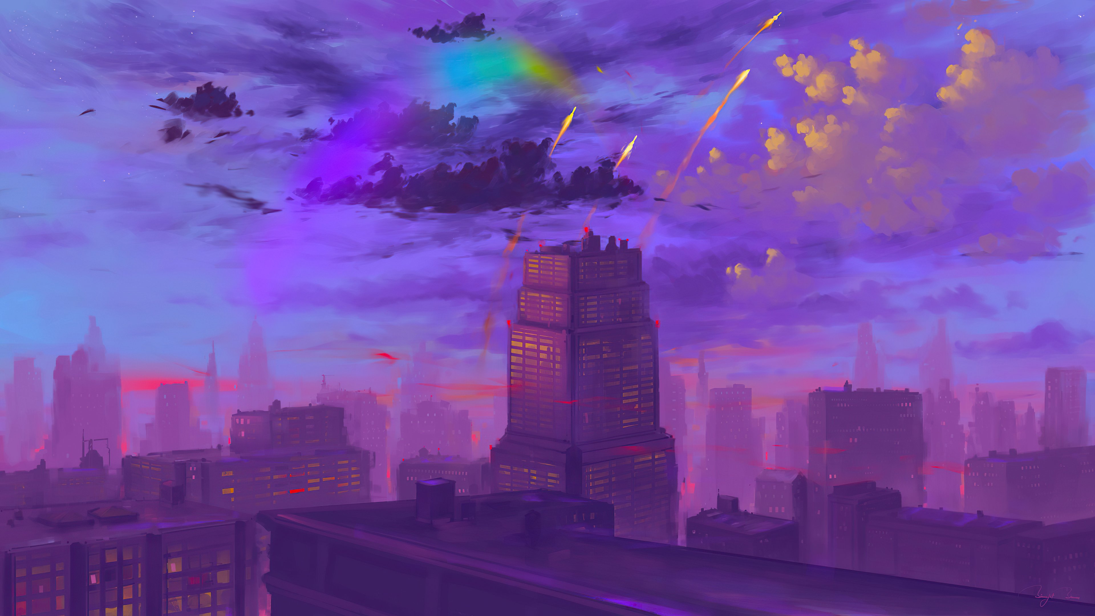 Sunset in the city Illustration Wallpaper 4k Ultra HD