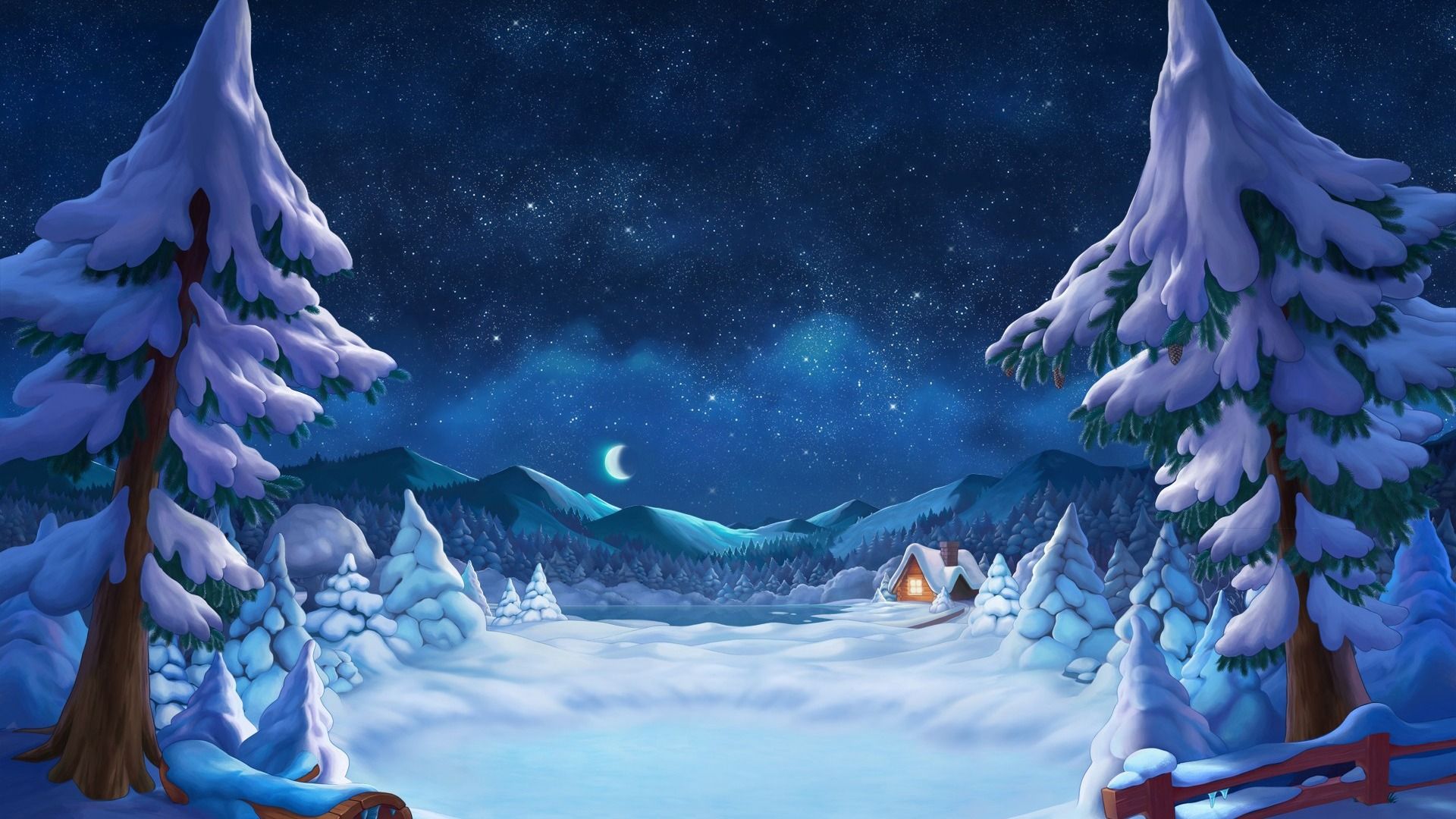 Download wallpaper snowy landscape, nature, sky, mountains, starry sky, trees, landscape, Winter, digital ar. Winter trees, Tree illustration, Landscape wallpaper