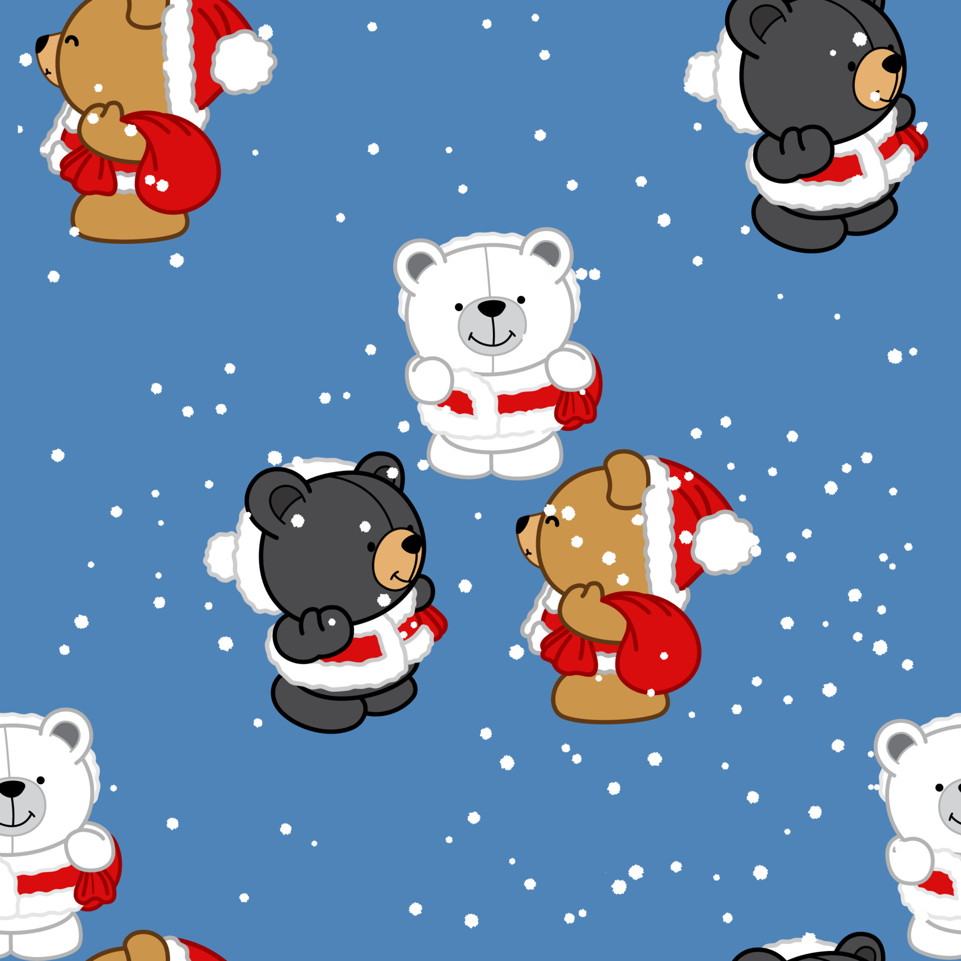 Cute Polar Bear, Black Bear and Teddy Bear in Santa Cross dress for Christmas seamless pattern, Animal cartoon character vector on red background
