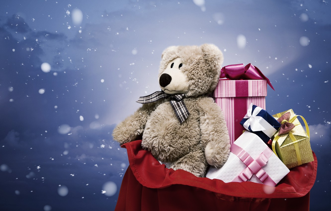 Wallpaper snow, grey, holiday, toy, new year, bear, gifts, new year, bag, plush, toy, bear, snow, present, box, packaging image for desktop, section новый год