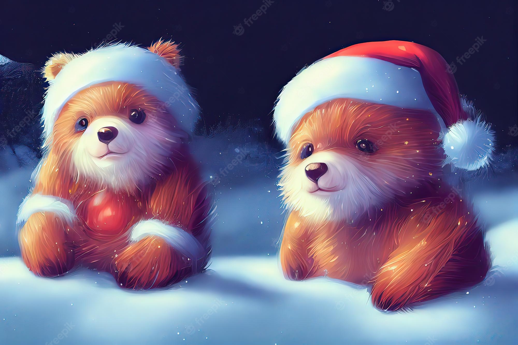 Premium Photo. Cute bear in winter forest adorable little bear in christmas style christmas holidays background digital art style illustration painting