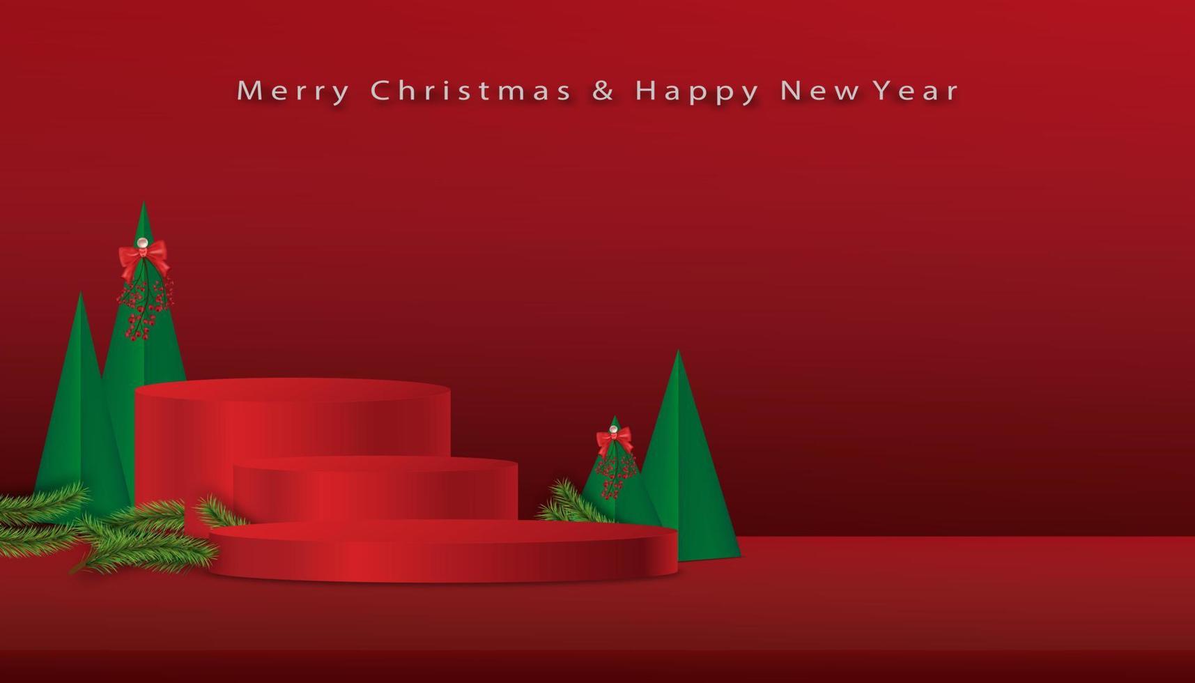 Christmas and New Year 2023 background with 3D podium, Christmas trees paper cut on red background, Xmas pine fir lush tree. Vector Winter holiday composition for Greeting card, banner, poster Vector Art