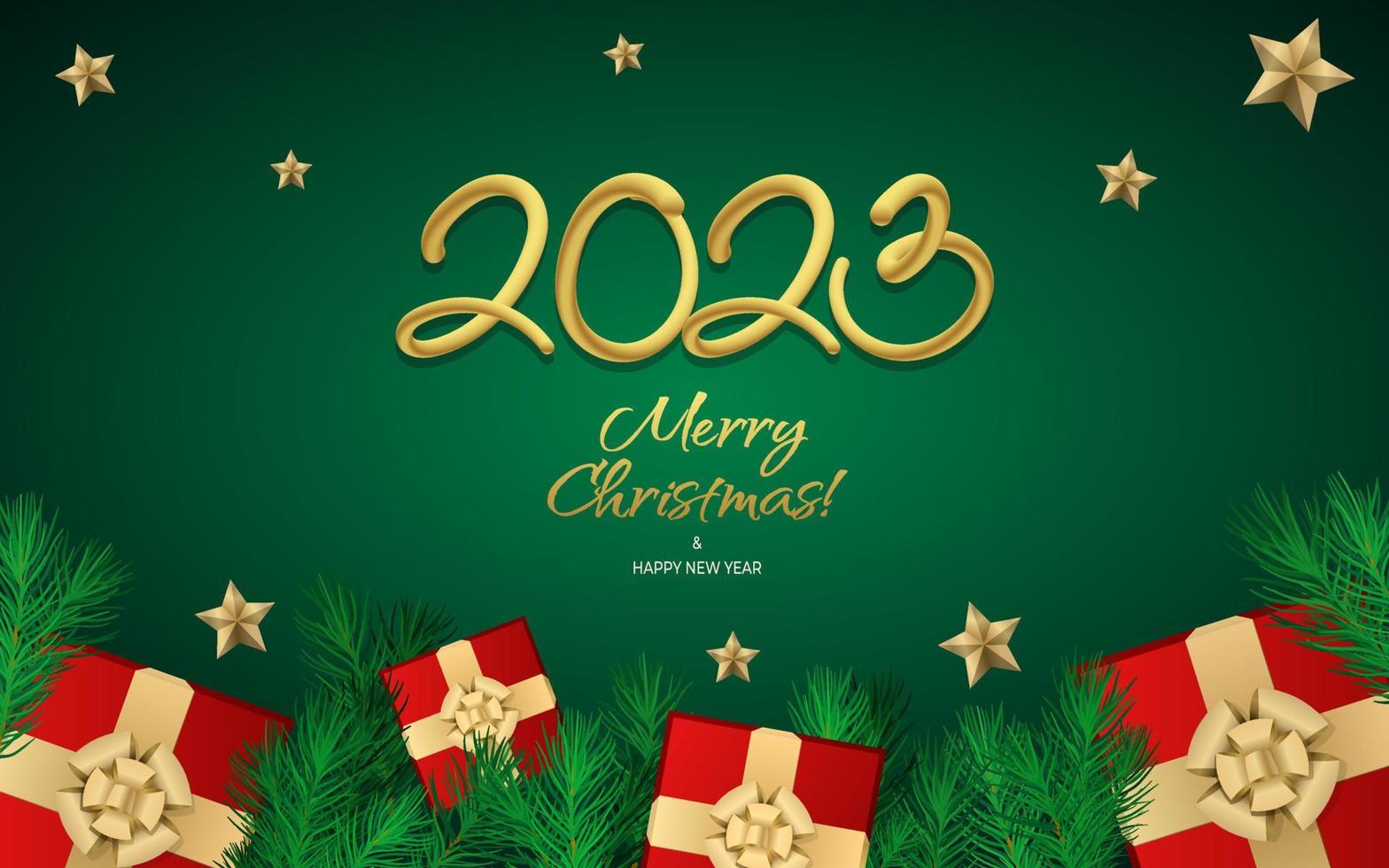 Happy new year 2023 greeting vector. Merry Christmas design greeting text with colorful Christmas decor elements gift, fir tree branch, stars on a green background with luxury gold. Vector Art
