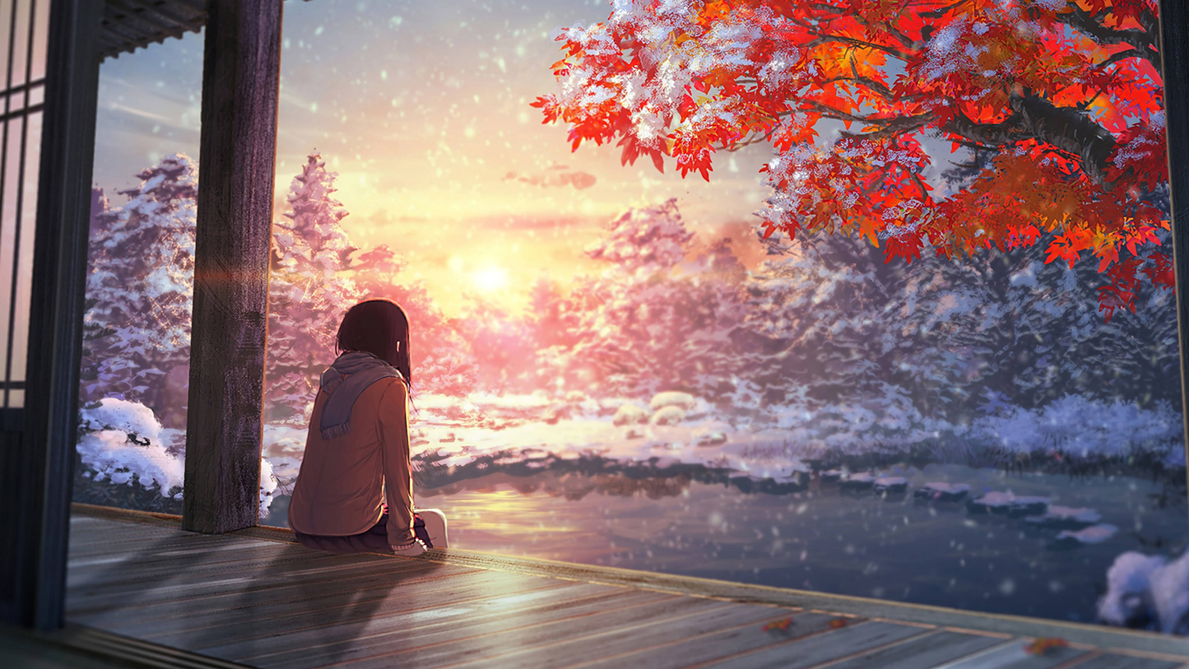 Download Girl In Winter Anime Aesthetic Sunset Wallpaper