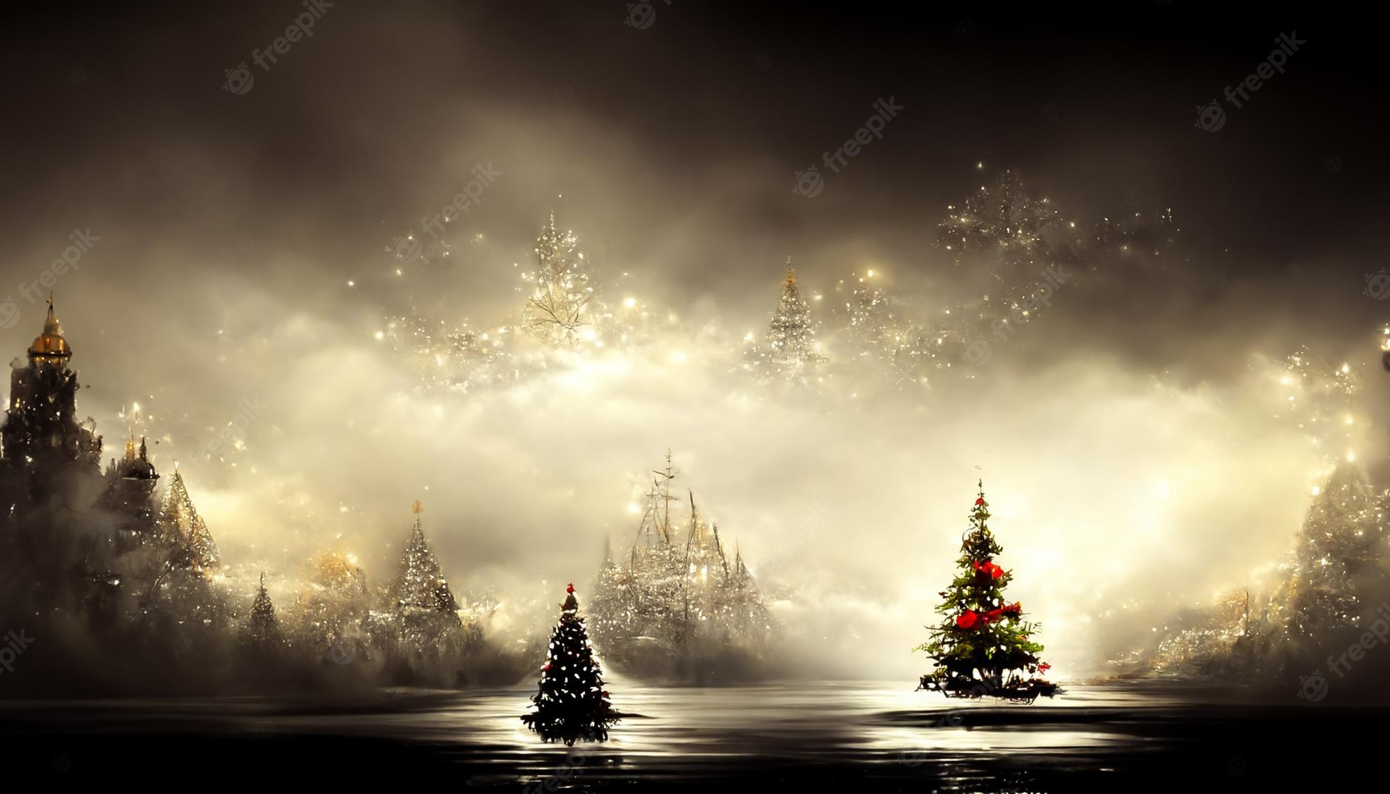 Premium Photo. Christmas HD wallpaper dark vintage lights background defocused and copy space background