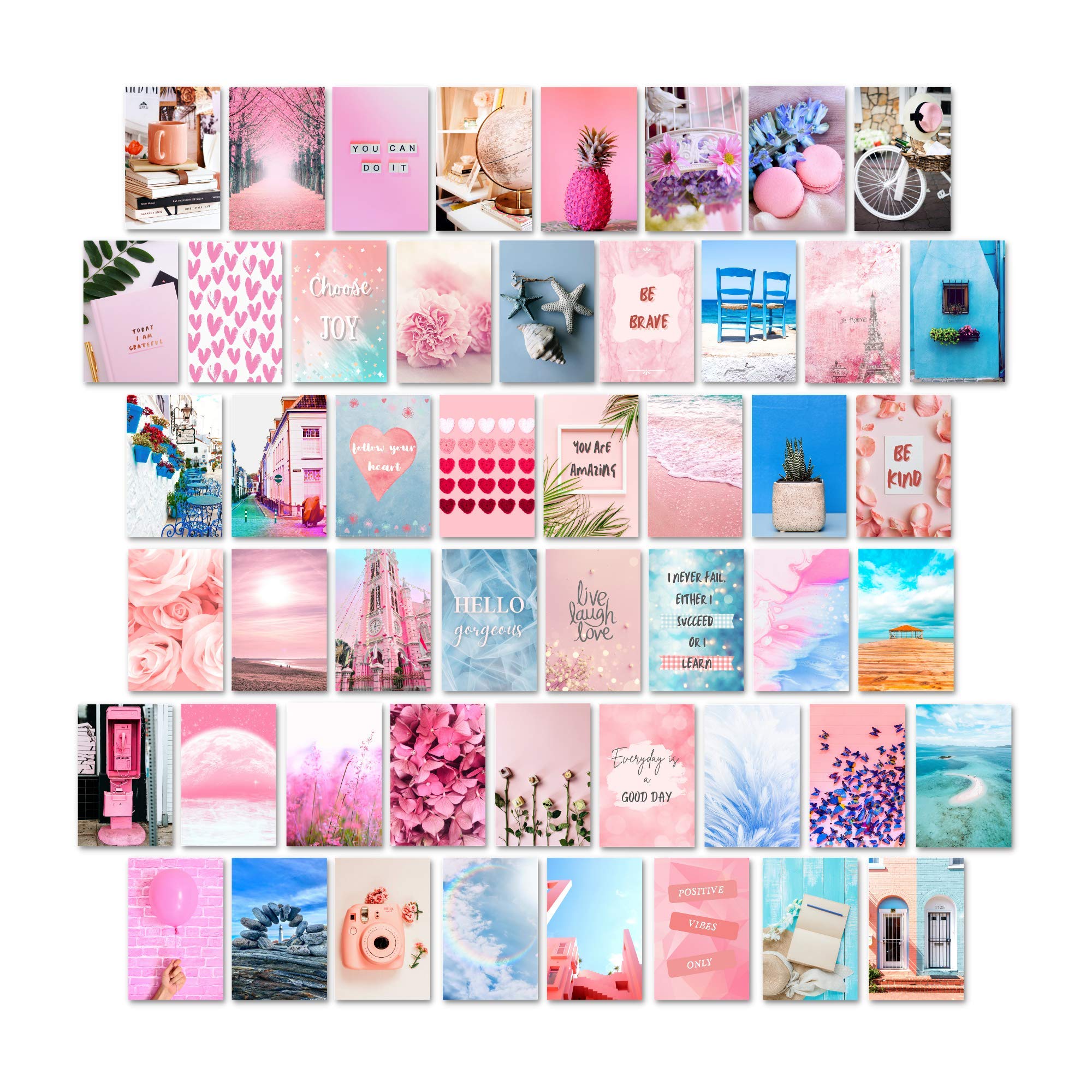 Koozto Wall Collage Kit, 50pcs 4x6 inches Pink and Blue Photo Prints, Cute Aesthetic Picture for Dorm College Wall Art Decorations, Trendy TikTok Room Decor Wallpaper for Teen Girl Bedroom, Pink