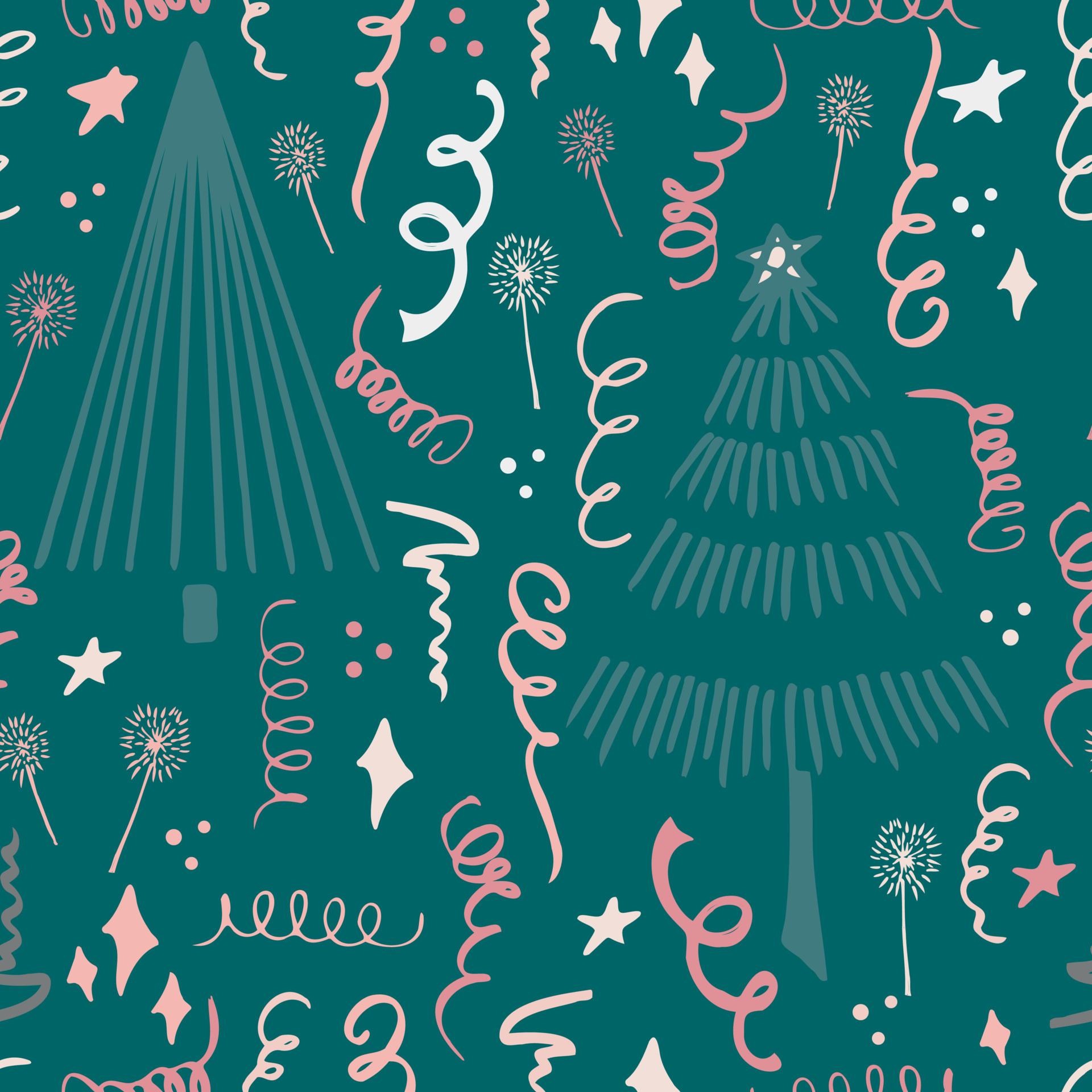 Christmas background party celebration vector seamless pattern stylized Christmas trees with candy gifts and sparklers. Wallpaper for wrapping paper, invitations, paper and cards, website background