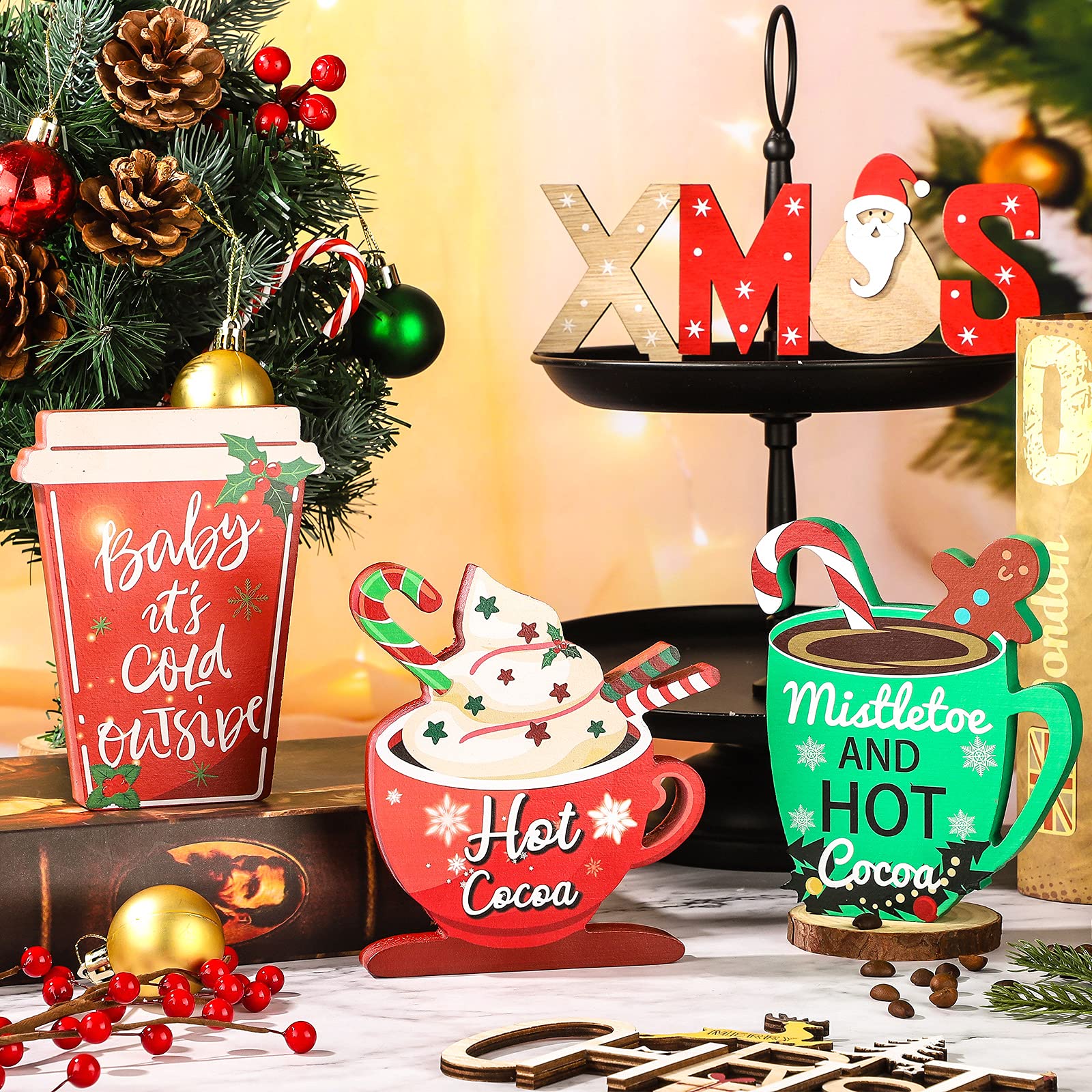 Pieces Christmas Tiered Tray Decor Winter Table Sign Wooden Christmas Decorations Xmas Tabletop Coffee Signs Winter Hot Cocoa Snowmen Santa Decor for Table Home Party Decoration (Creative Style)