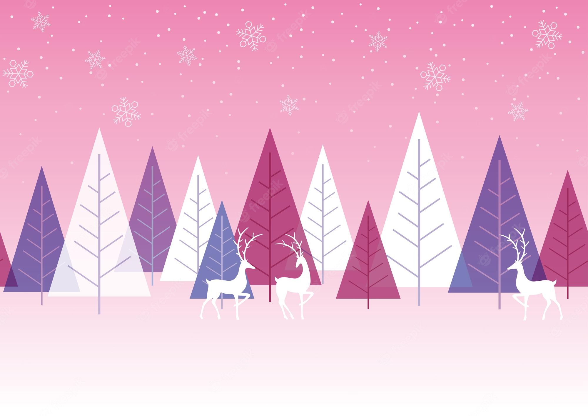 Free Vector. Seamless vector pink winter forest background with reindeers. horizontally repeatable