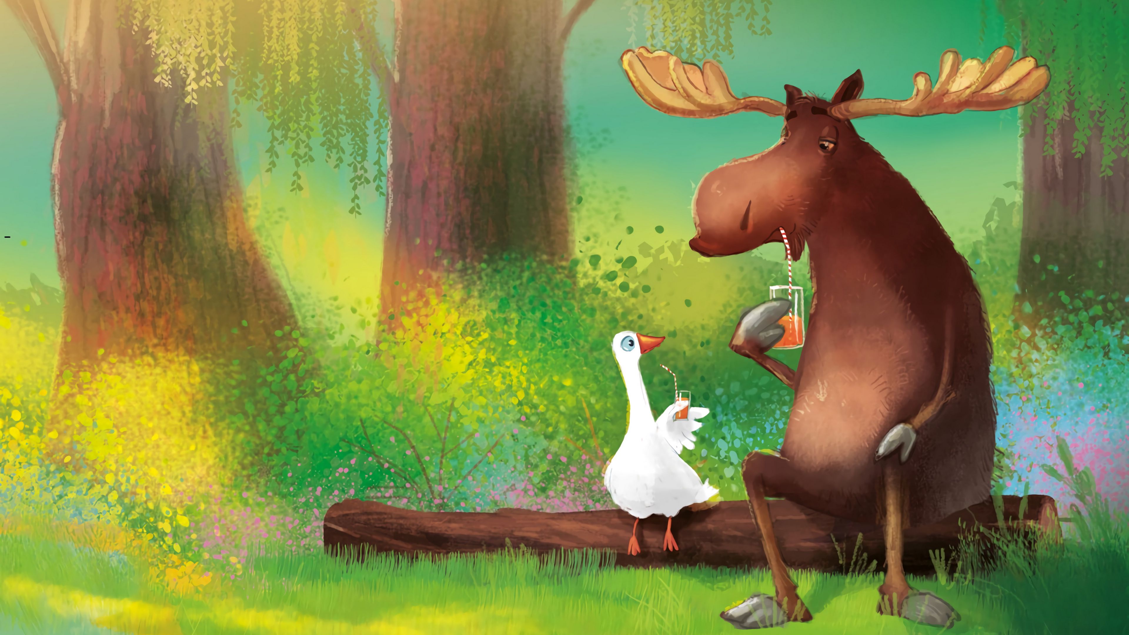 Download wallpaper 3840x2160 moose, goose, friends, juice, art 4k uhd 16:9 HD background