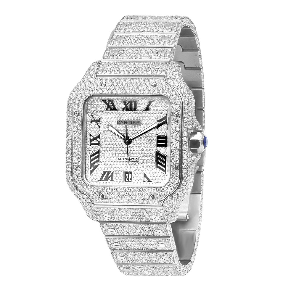 40mm Fully Iced Out Cartier Santos Diamond Watch for Men & Women 25 Carat 968865