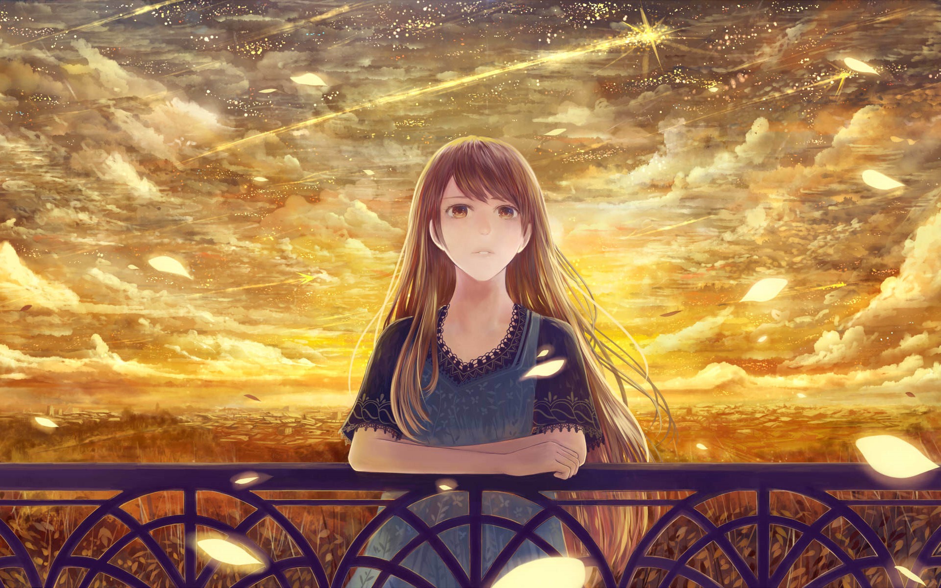 Wallpaper Long hair anime girl, sky, clouds, golden autumn 1920x1200 HD Picture, Image