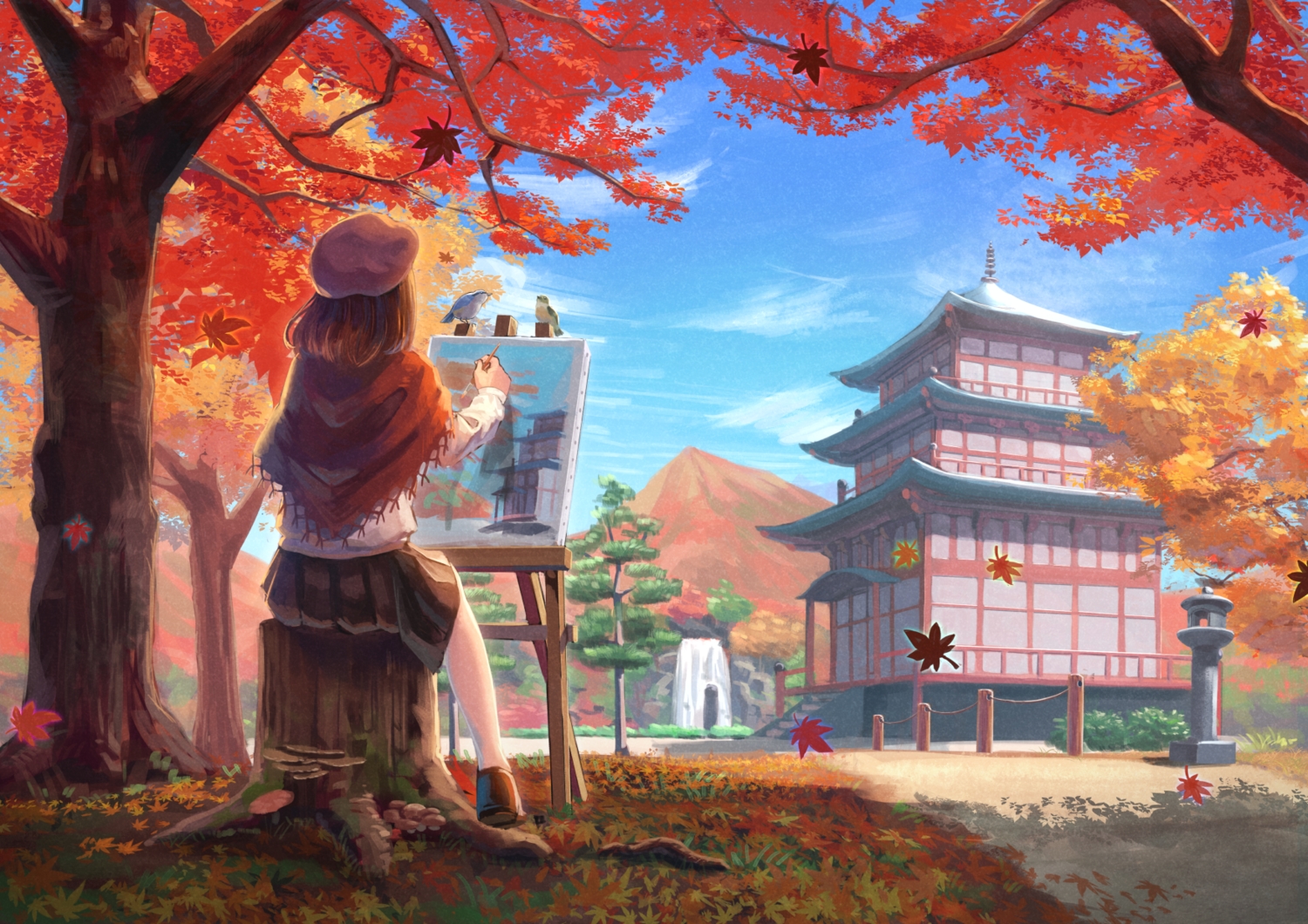 animal autumn bird brown hair clouds kurageso leaves original scenic short hair sky stairs tree water waterfall. konachan.com.com Anime Wallpaper