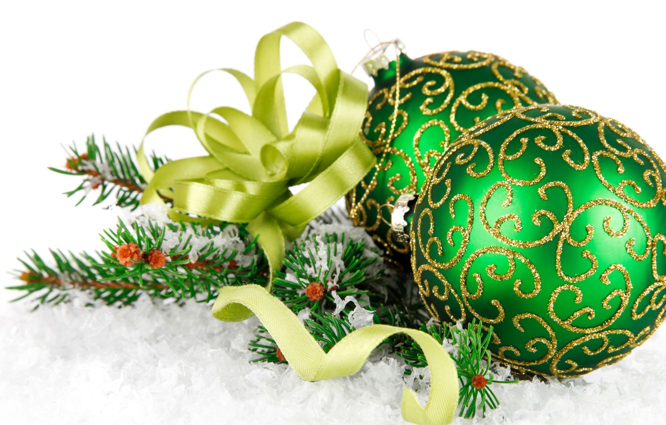 Wallpaper snow, green, green, tree, bow, green, Christmas, Christmas balls, green balls, balls with ornament, Christmas decoration image for desktop, section новый год