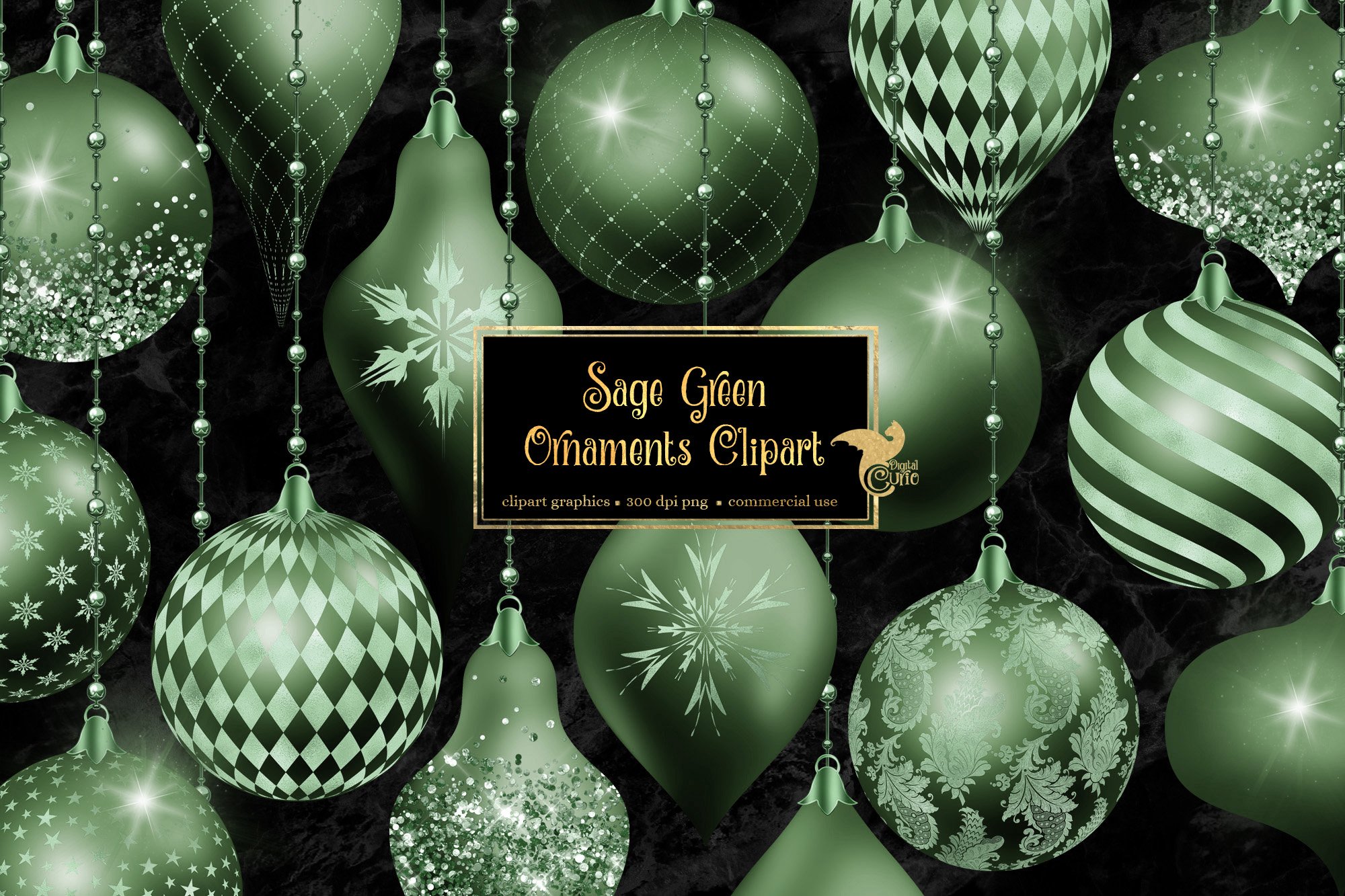 Sage Green Christmas Ornaments Clipart