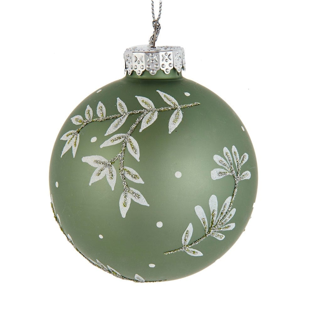 Kurt Adler 80MM Green Leaf Design Ball Ornaments, 6 Piece Set A