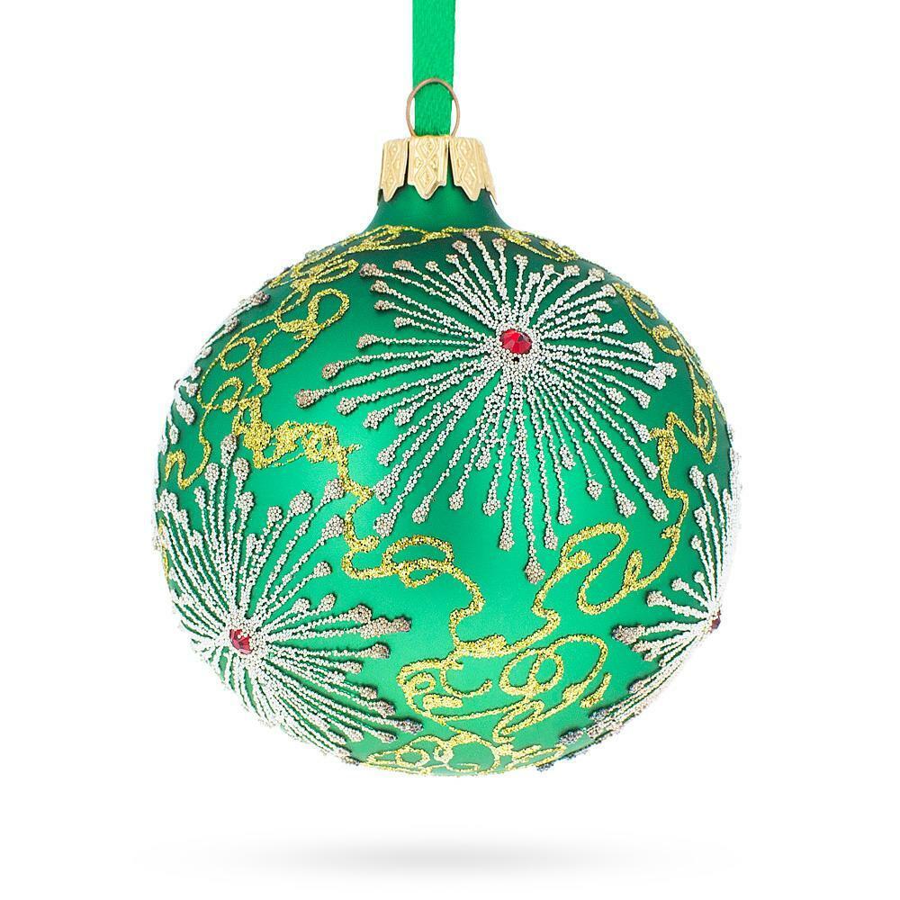 Jeweled Snowflakes on Green Glass Ball Christmas Ornament 3.25 Inches