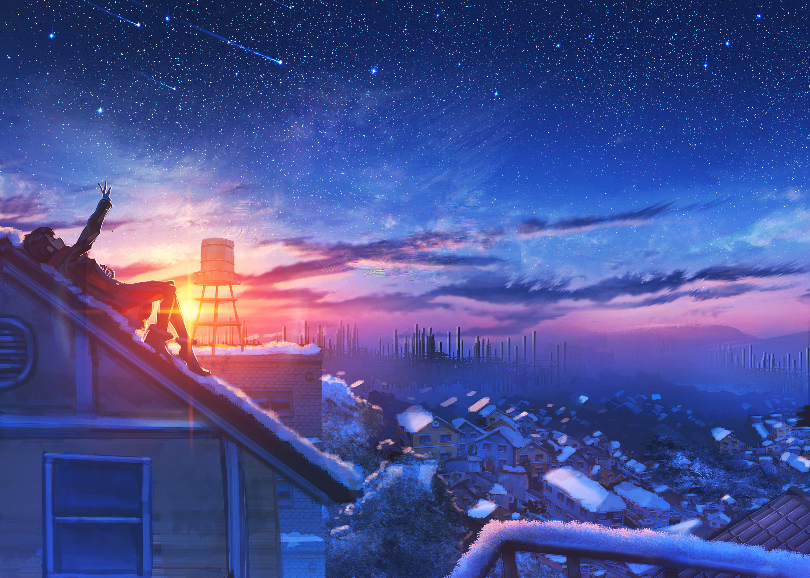 clouds, sky, snow, stars, sunset, moescape, animex2000 Wallpaper