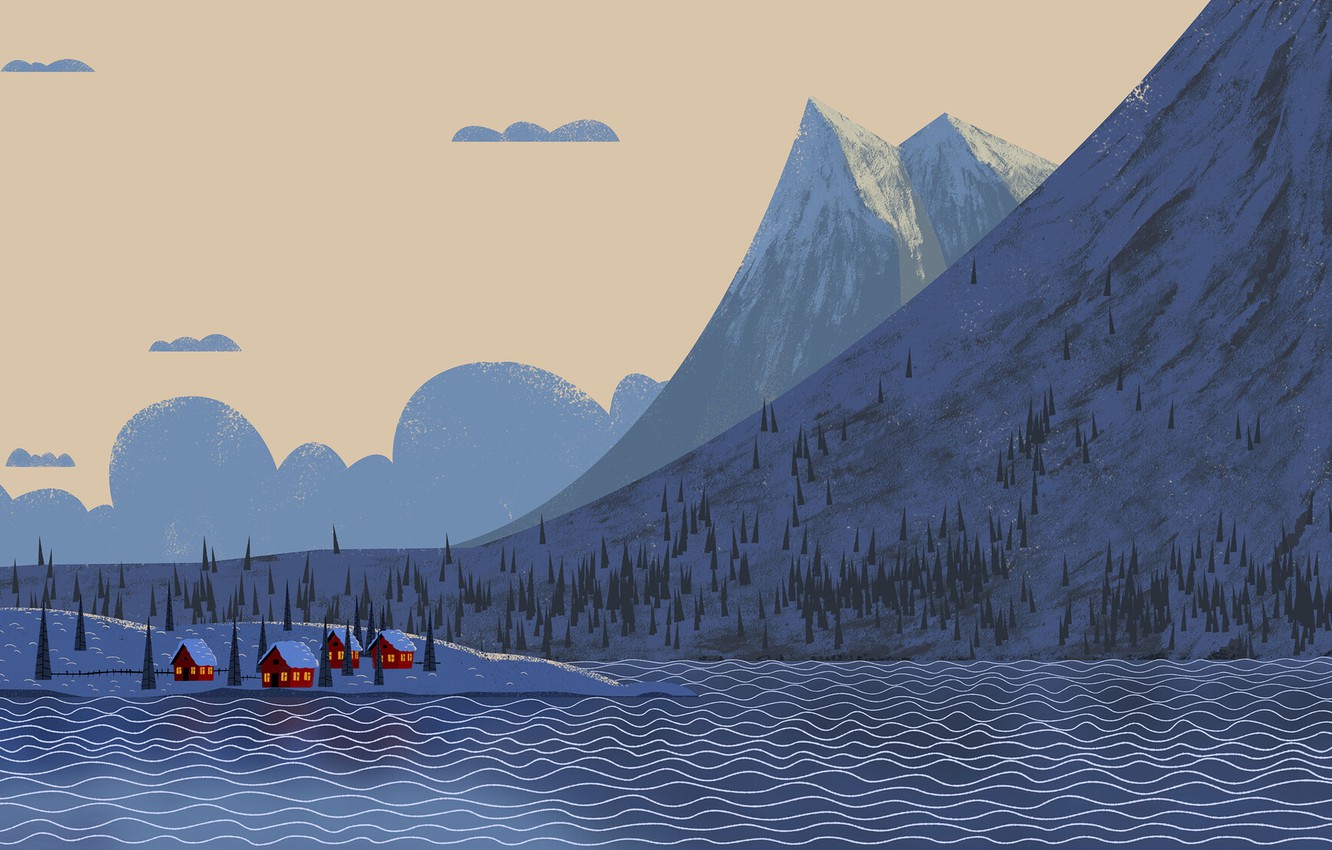 Wallpaper Winter, Mountains, River, Village, Art, Village, Trees, Cartoon, Environment, by Andrey Syailev, Andrey Syailev image for desktop, section арт