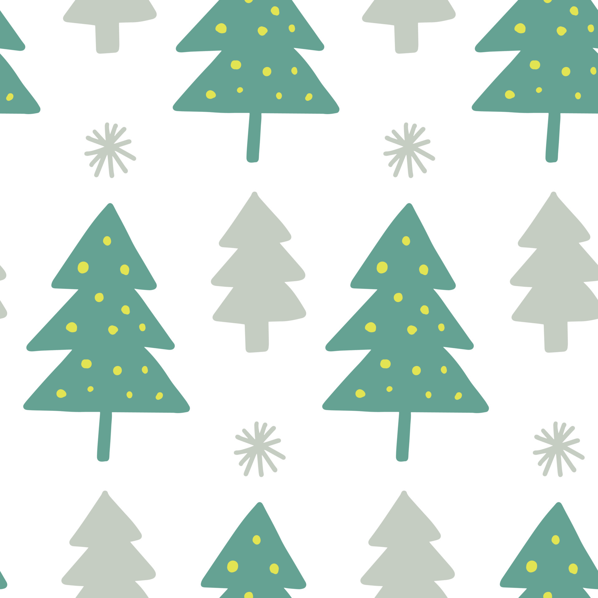 Cute winter seamless pattern background with Christmas tree simple doodles and snowflakes in childish hand drawn style. Seasonal New Year holiday festive backdrop texture, print