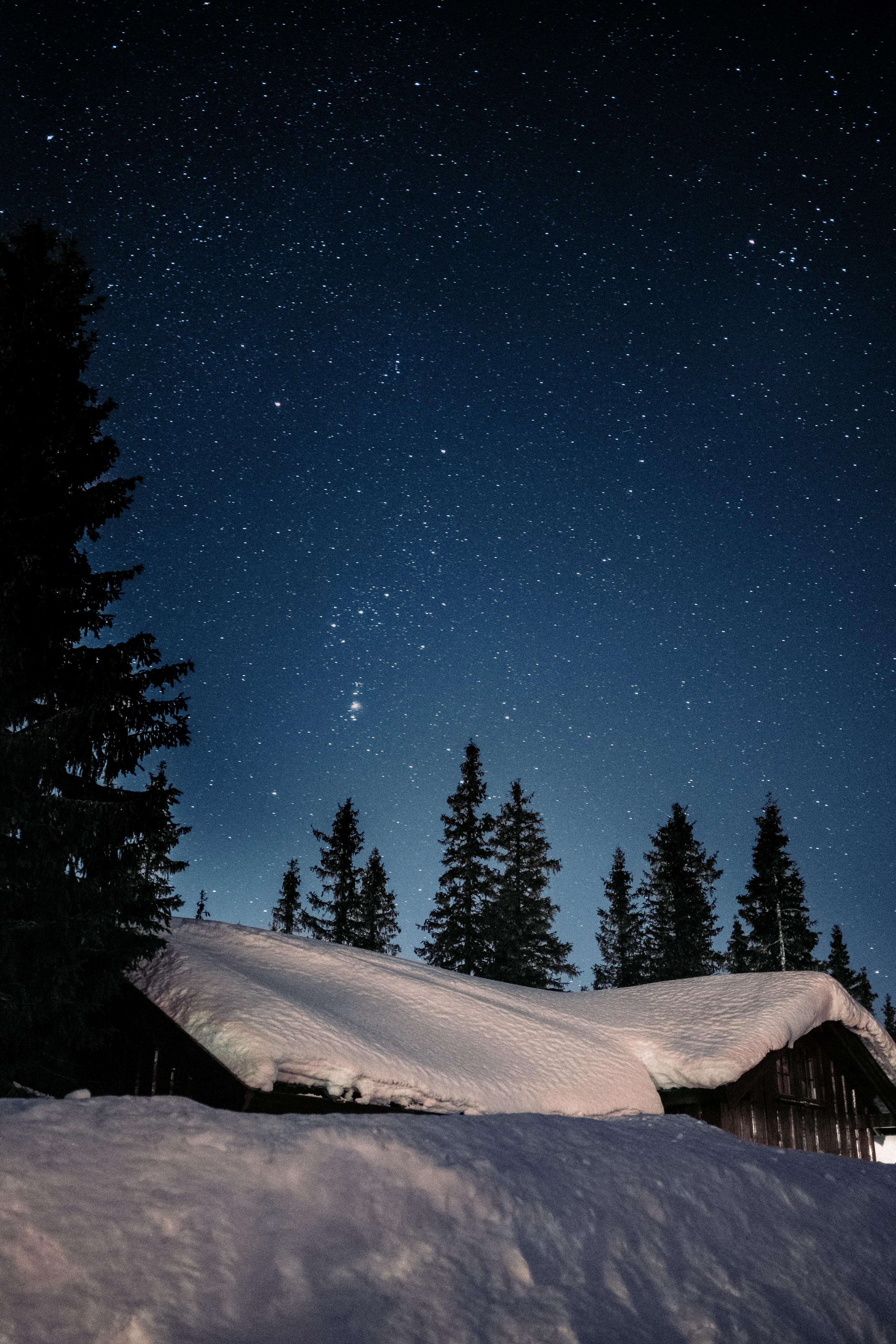 HD desktop wallpaper: Snow, Starry Sky, Winter, Stars, Dark, Night, House download free picture