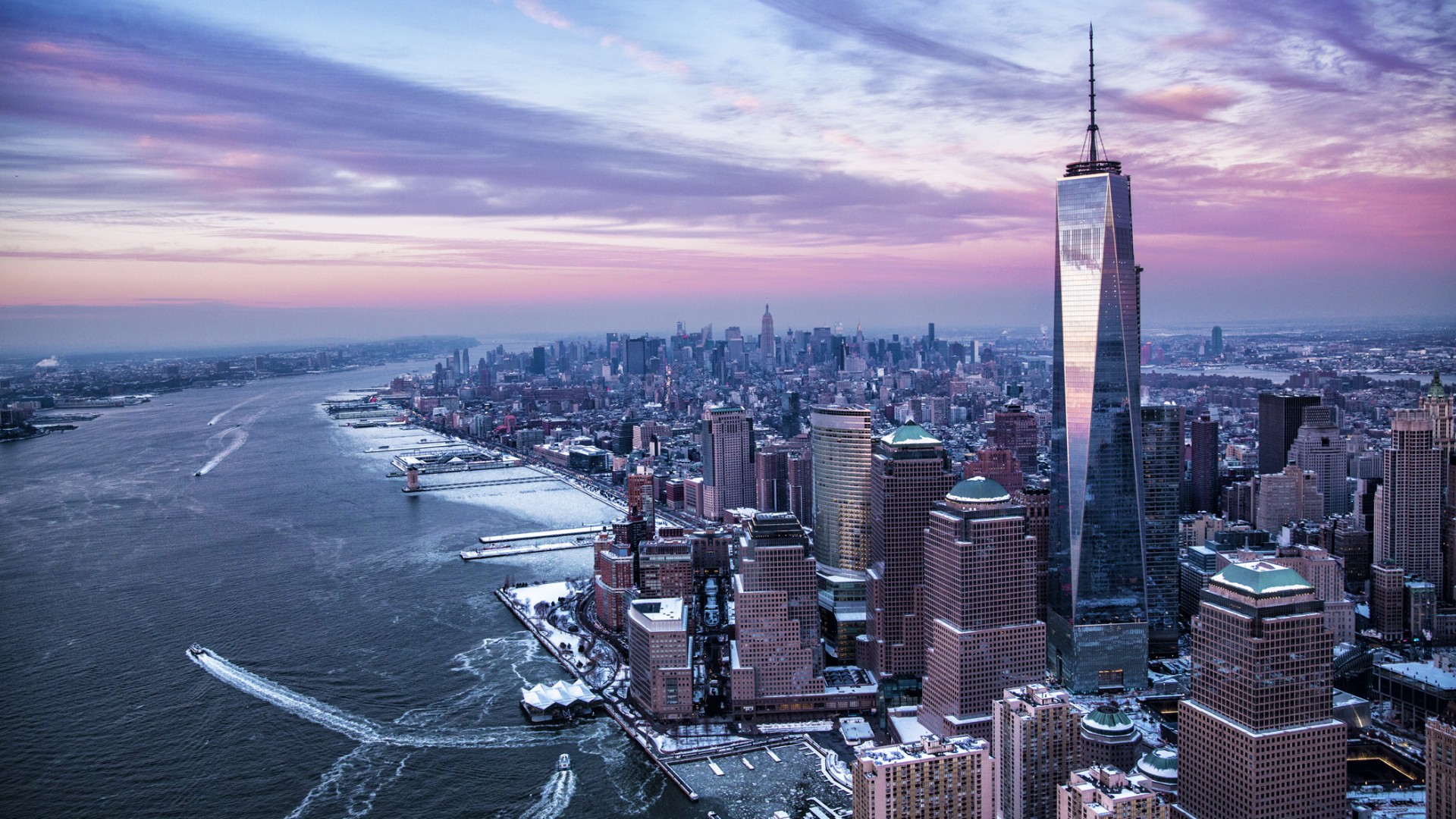 architecture, Building, Skyscraper, New York City, USA, Cityscape, Manhattan, One World Trade Center, Sunset, Clouds, Ship, Winter, Snow Wallpaper HD / Desktop and Mobile Background