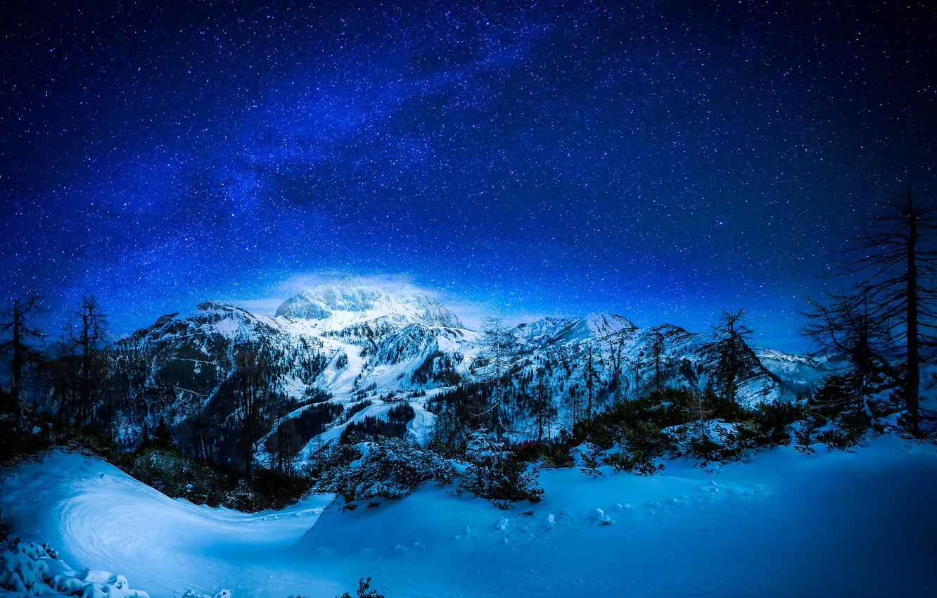 Wallpaper winter, forest, the sky, snow, trees, mountains, night, stars, hill image for desktop, section пейзажи