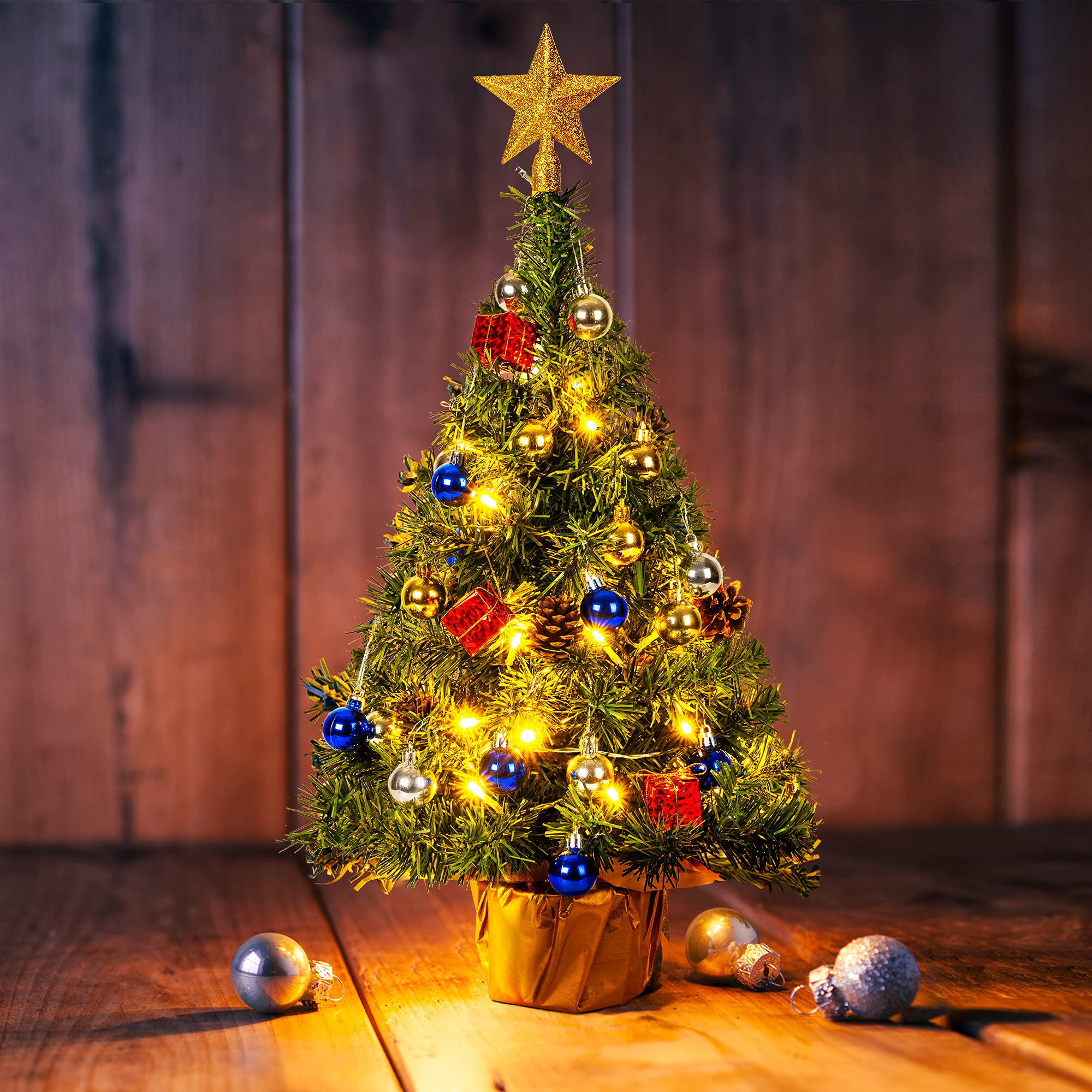 Solpex Tabletop Christmas Tree, 24'' Small Christmas Tree Tiny Christmas Tree with 50 LED String Lights, 35 Christmas Ornaments for Christmas Decorations (Gold), Home & Kitchen