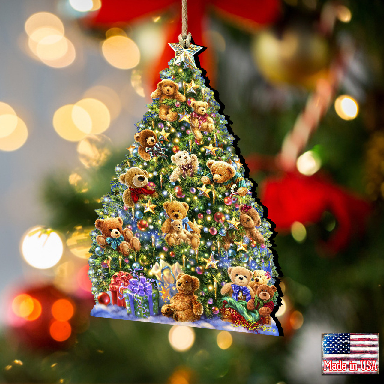 Set of 2 Teddy Bear Tree with Gifts Wooden Christmas Ornaments 5.5