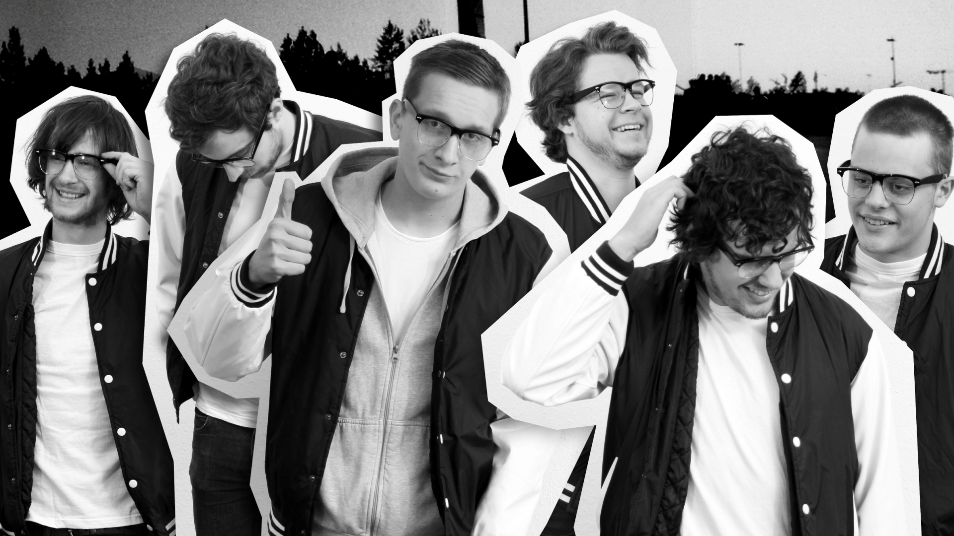 Download Wallpaper 1920x1080 kraftklub, smile, glasses, jackets, graphics Full HD 1080p HD Background